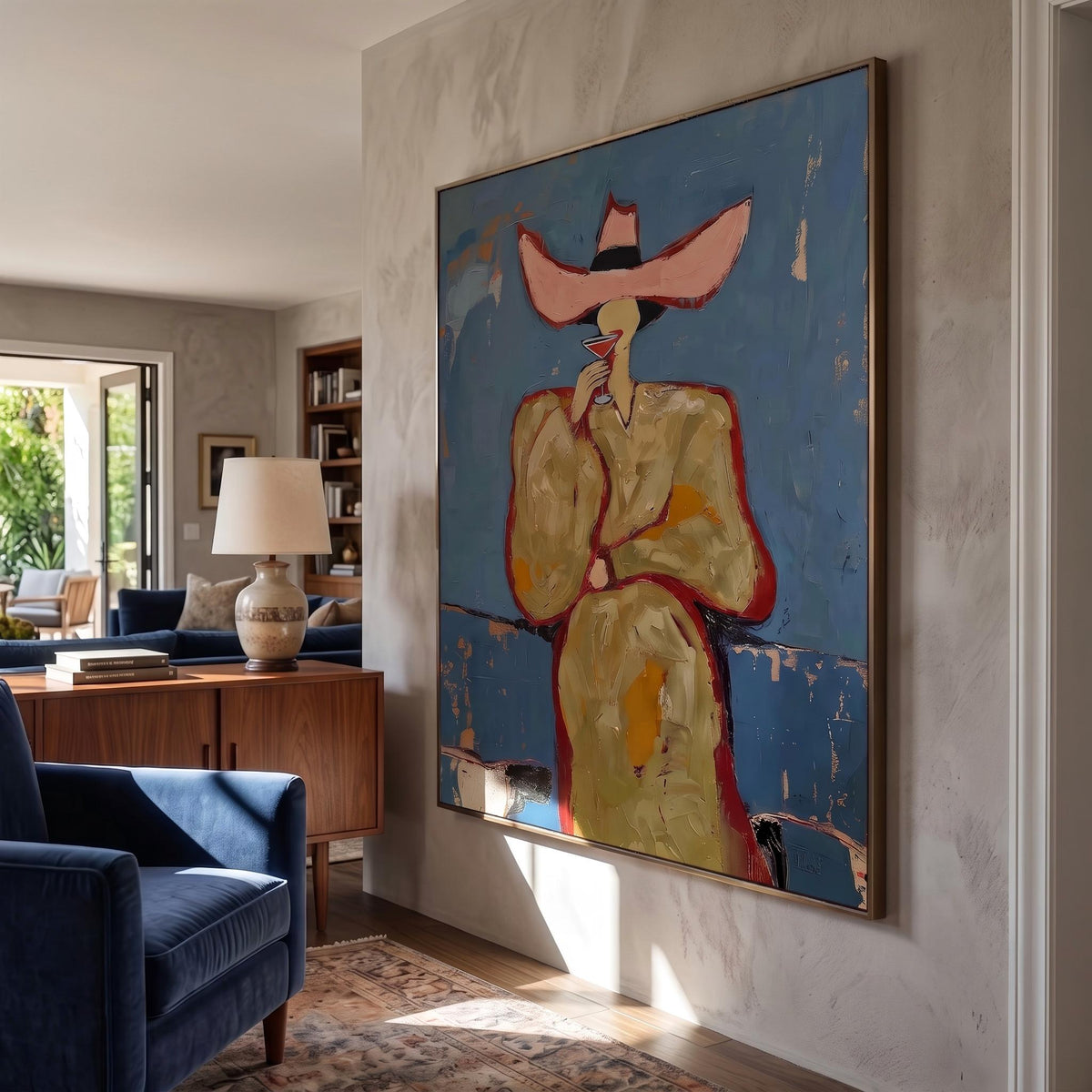"Pink cowboy hat woman drinking cocktail" - Modern Heavy Impasto Western Animal Artwork | Golden & Orange Palette Knife Painting | Luxury Vertical Wall Art #YK 1576