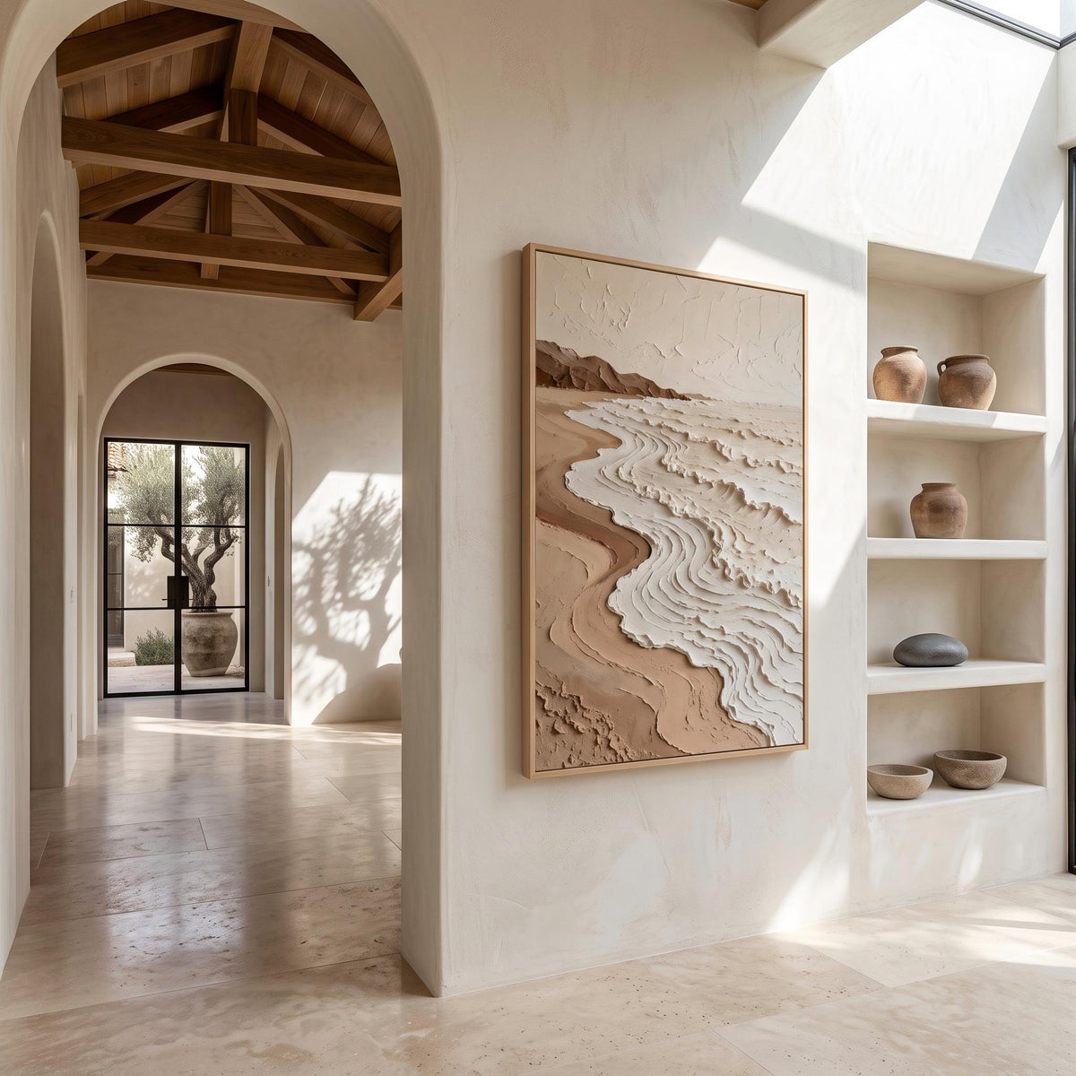 "Neutral Tones Stereoscopic Seaside Wall Decor" - Modern Heavy Impasto Coastal Landscape | Beige Palette Knife Painting | Luxury Vertical Wall Art #YK 1613