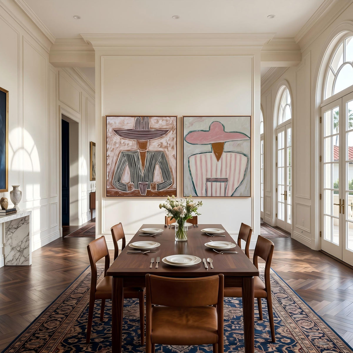 "Double Wide Striped Hat Western Cowboy and Girl" - Modern Heavy Impasto Western Animal Artwork | Golden Palette Knife Painting | Luxury Two-Panel Square Wall Art #YK 1568