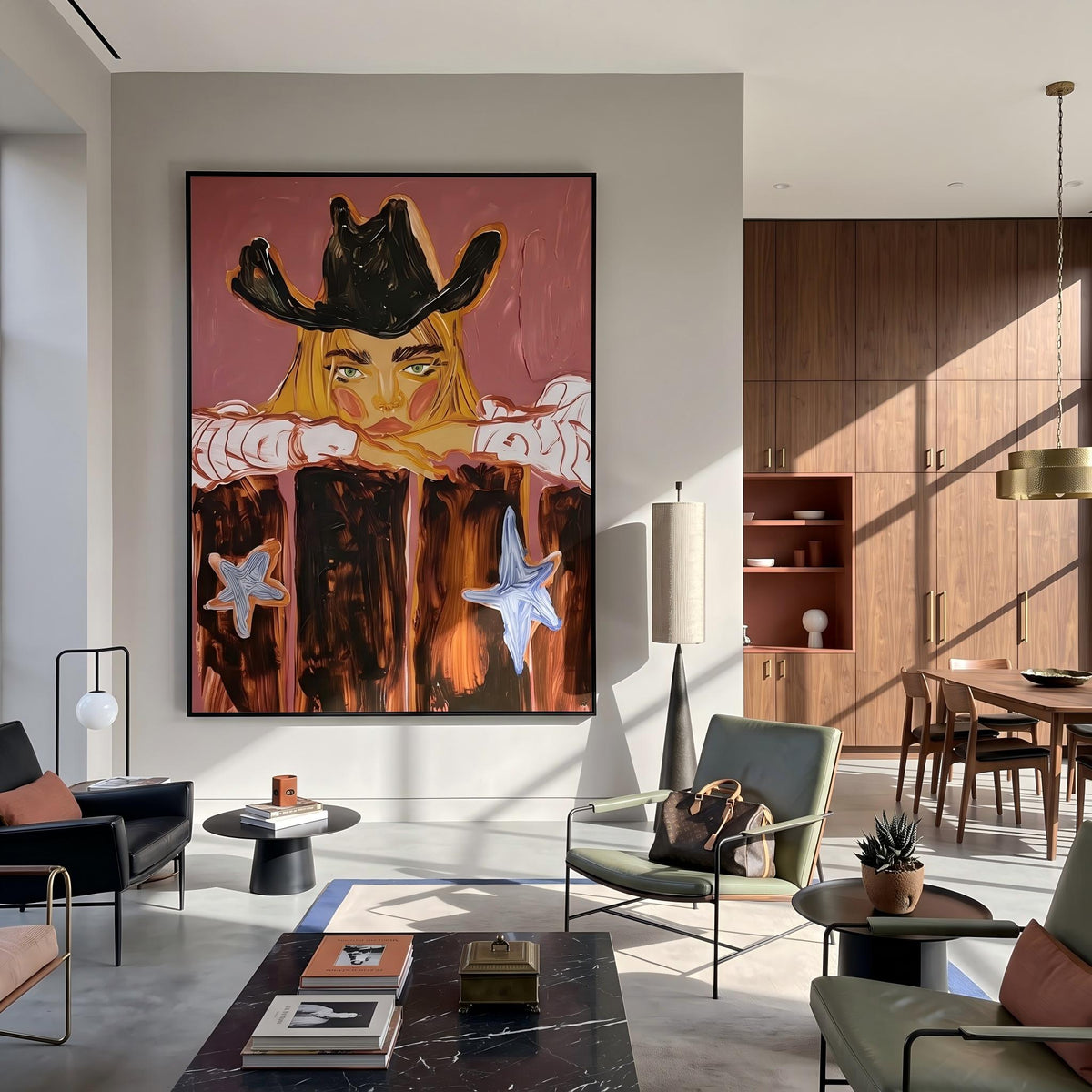 "Western Cowboy Girl" - Modern Heavy Impasto Western Animal Artwork | Orange Palette Knife Painting | Luxury Vertical Wall Art #YK 1580