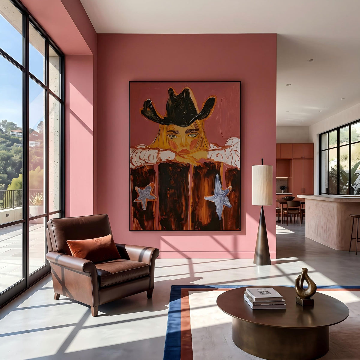 "Western Cowboy Girl" - Modern Heavy Impasto Western Animal Artwork | Orange Palette Knife Painting | Luxury Vertical Wall Art #YK 1580