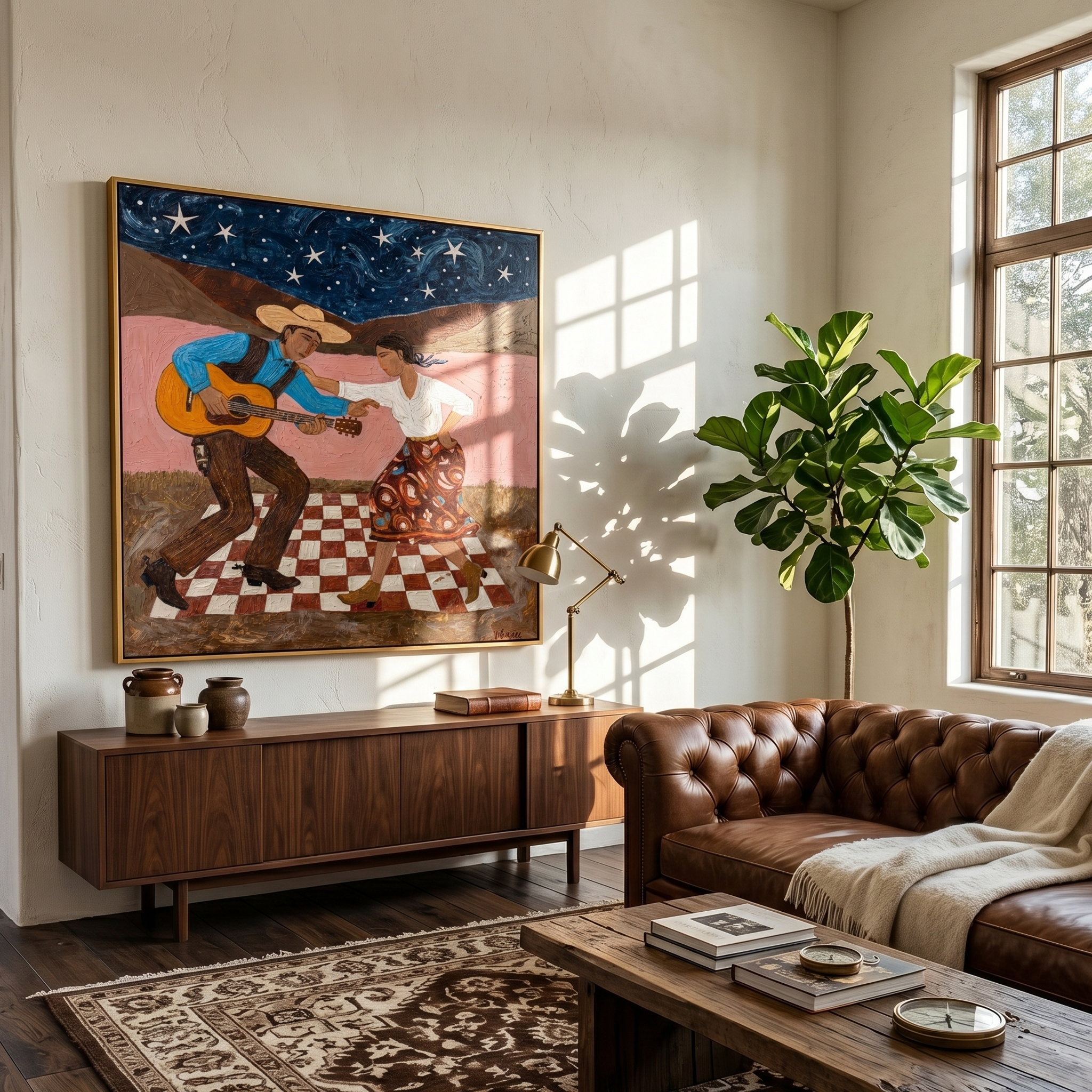 "Starry Folk Serenade" – Modern Heavy Impasto Southwestern Figurative | 3D Midnight & Blush Terracotta Palette Knife Painting | Luxury Square Wall Art #PT 037