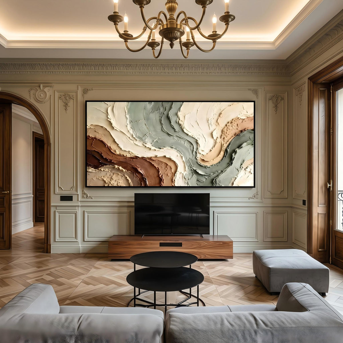 "Muted Green Brown Flow Textured Art" - Modern Heavy Impasto Abstract Artwork | Beige Palette Knife Painting | Luxury Horizontal Wall Art #YK 1612