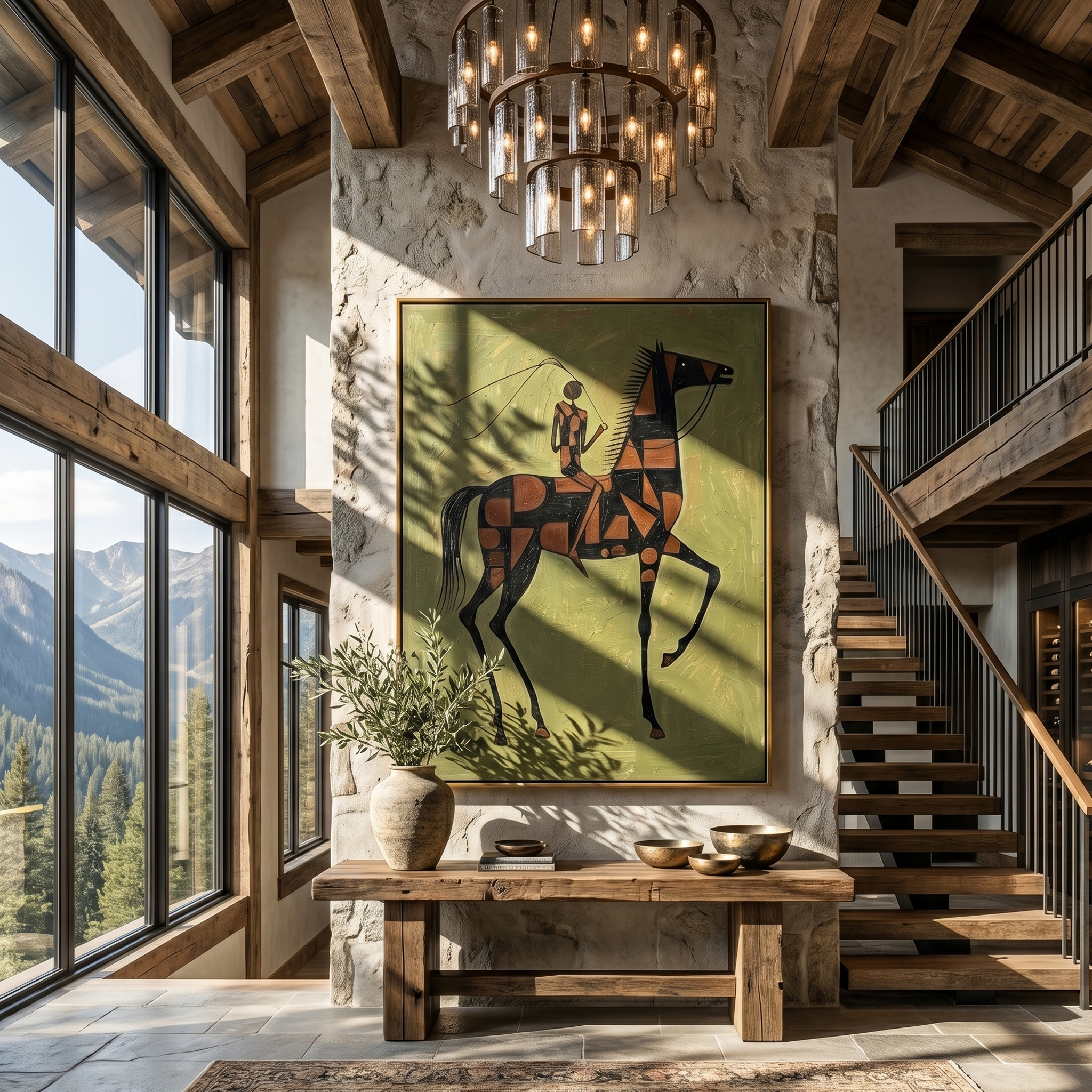 "Geometric Steed & Rider" – Modern Heavy Impasto Tribal Art | 3D Olive & Rust Palette Knife Painting | Luxury Vertical Wall Art #AB 008