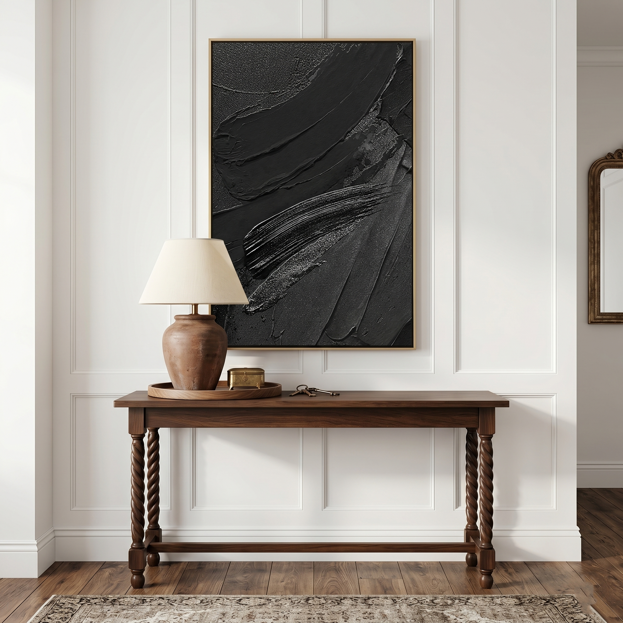 "Noir Rhythms" – 3D Heavy Impasto Black Abstract | Minimalist Sculptural Statement Art