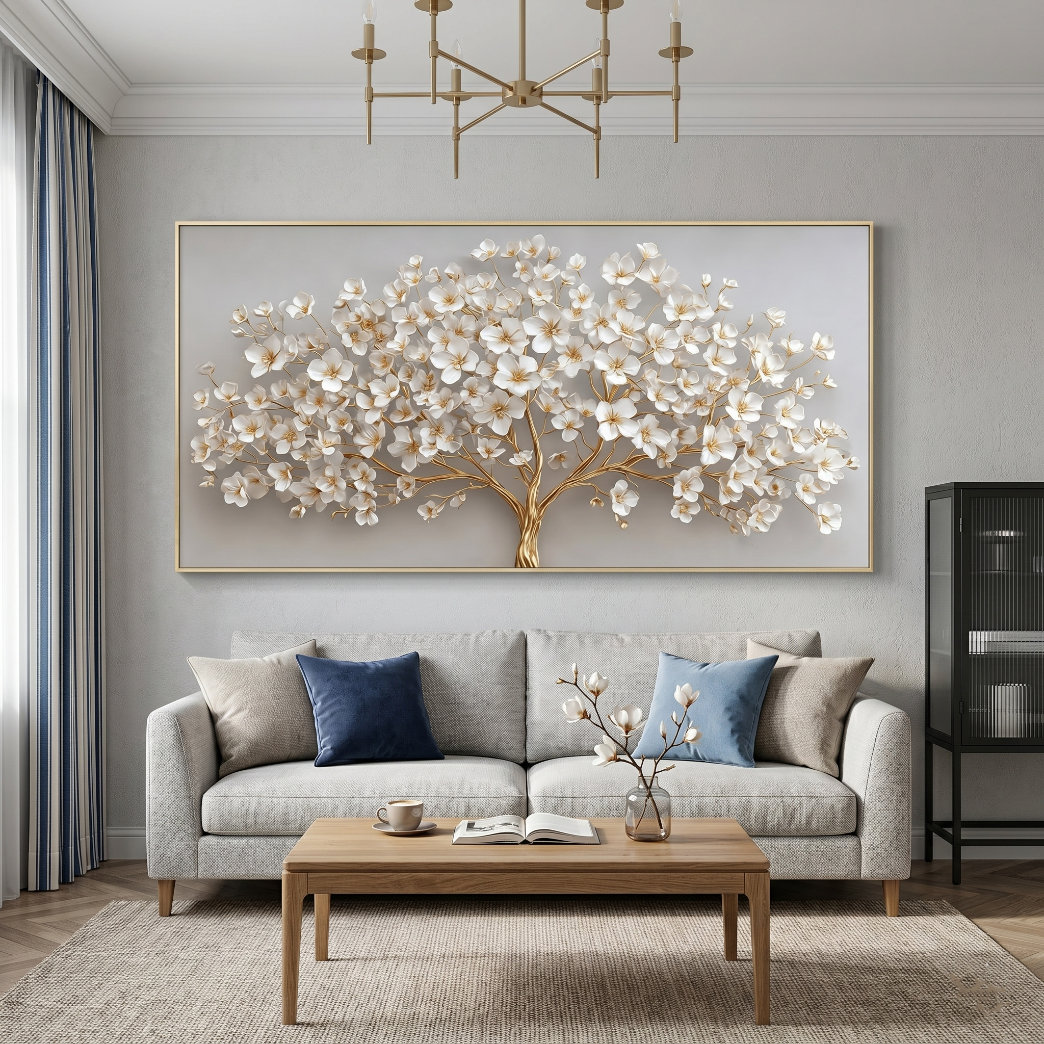"Gilded Prosperity" – Modern 3D Heavy Impasto Blossom Tree | Luxury Horizontal Statement Art