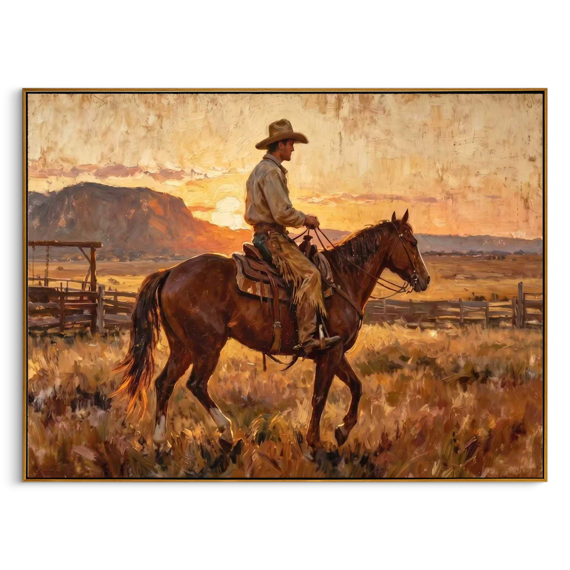 "Sunset Cowboy Rider" – Modern Heavy Impasto Western Art | 3D Amber & Terracotta Palette Knife Painting | Luxury Horizontal Wall Art #PT 035