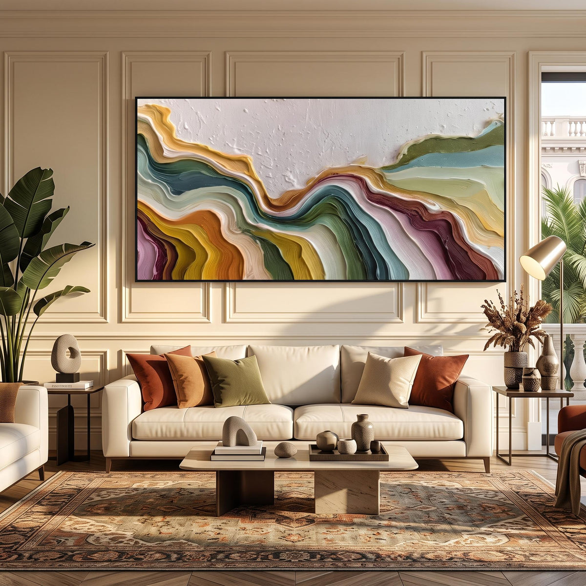 "Color Flowing Layer" - Modern Heavy Impasto Abstract Artwork | Beige Palette Knife Painting | Luxury Horizontal Wall Art #YK 1551