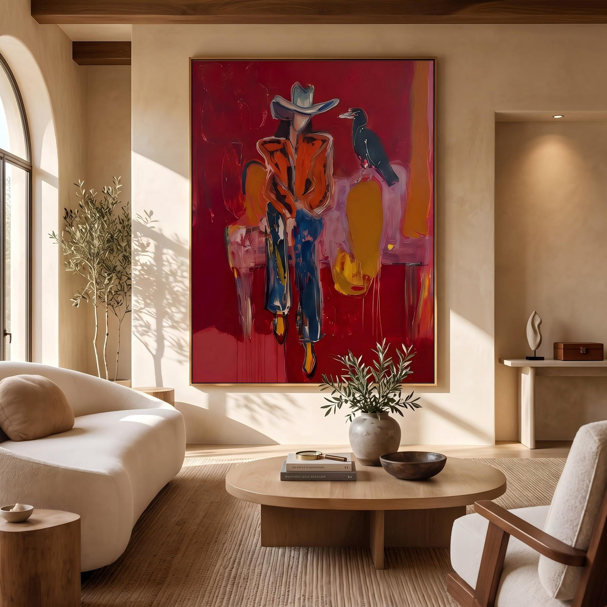 "Crow Cowgirl" - Modern Heavy Impasto Western Animal Artwork | Golden & Pink Palette Knife Painting | Luxury Vertical Wall Art #YK 1575