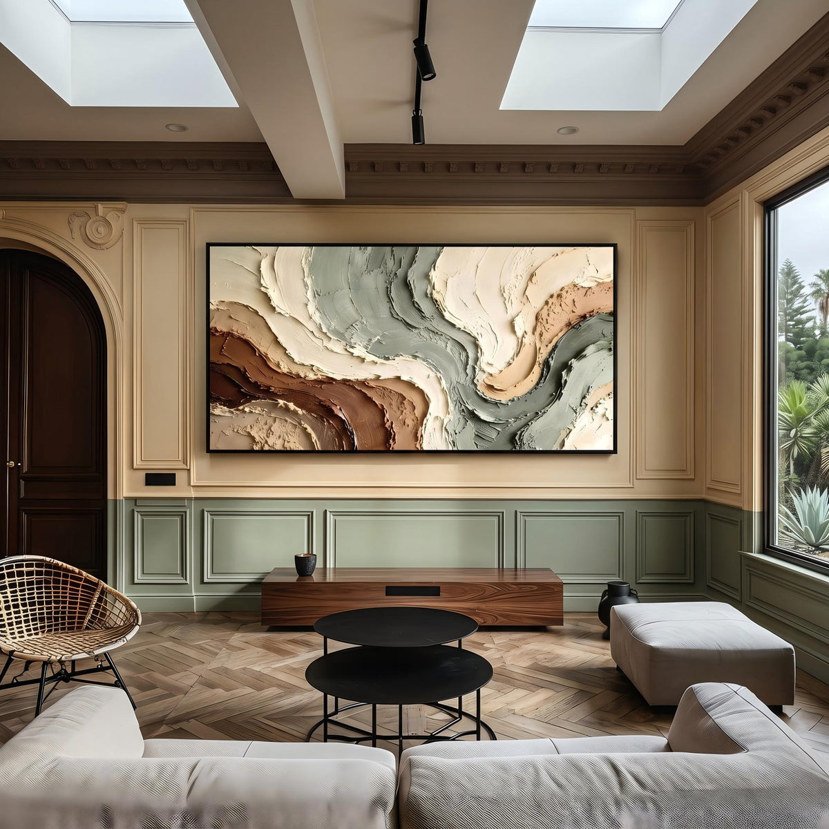 "Muted Green Brown Flow Textured Art" - Modern Heavy Impasto Abstract Artwork | Beige Palette Knife Painting | Luxury Horizontal Wall Art #YK 1612