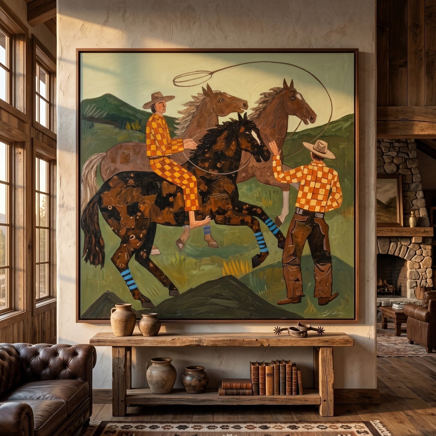 "Prairie Cowboys & Wild Horses" – Modern Heavy Impasto Western Folk Art | 3D Moss Green & Golden Check Palette Knife Painting | Luxury Square Wall Art #PT 038