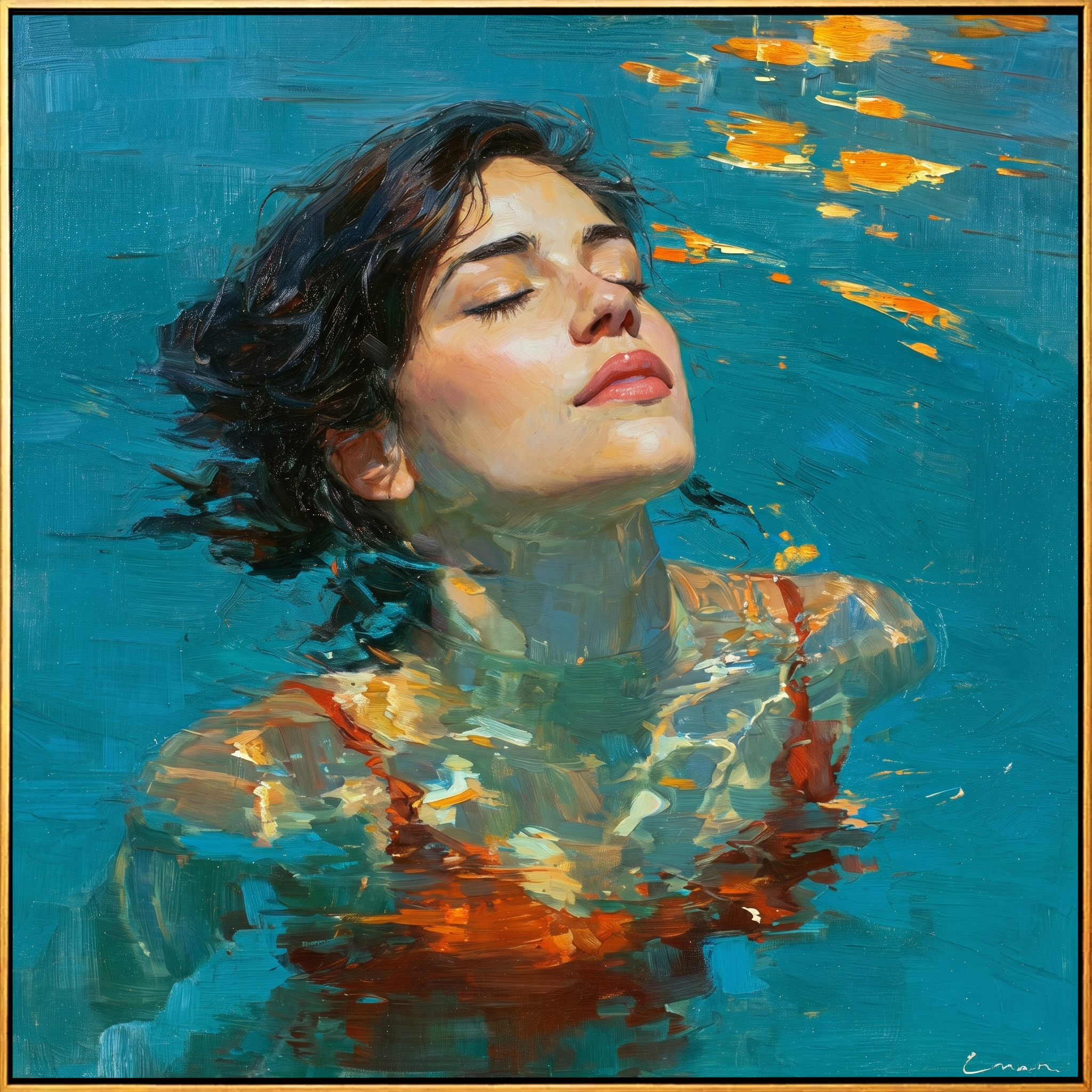 "Serene Sunlit Waters" – Tactile Underwater Impressionist Art | Vibrant Teal & Warm Orange Impasto Wall Decor | Contemporary Square Statement Piece#PE 002