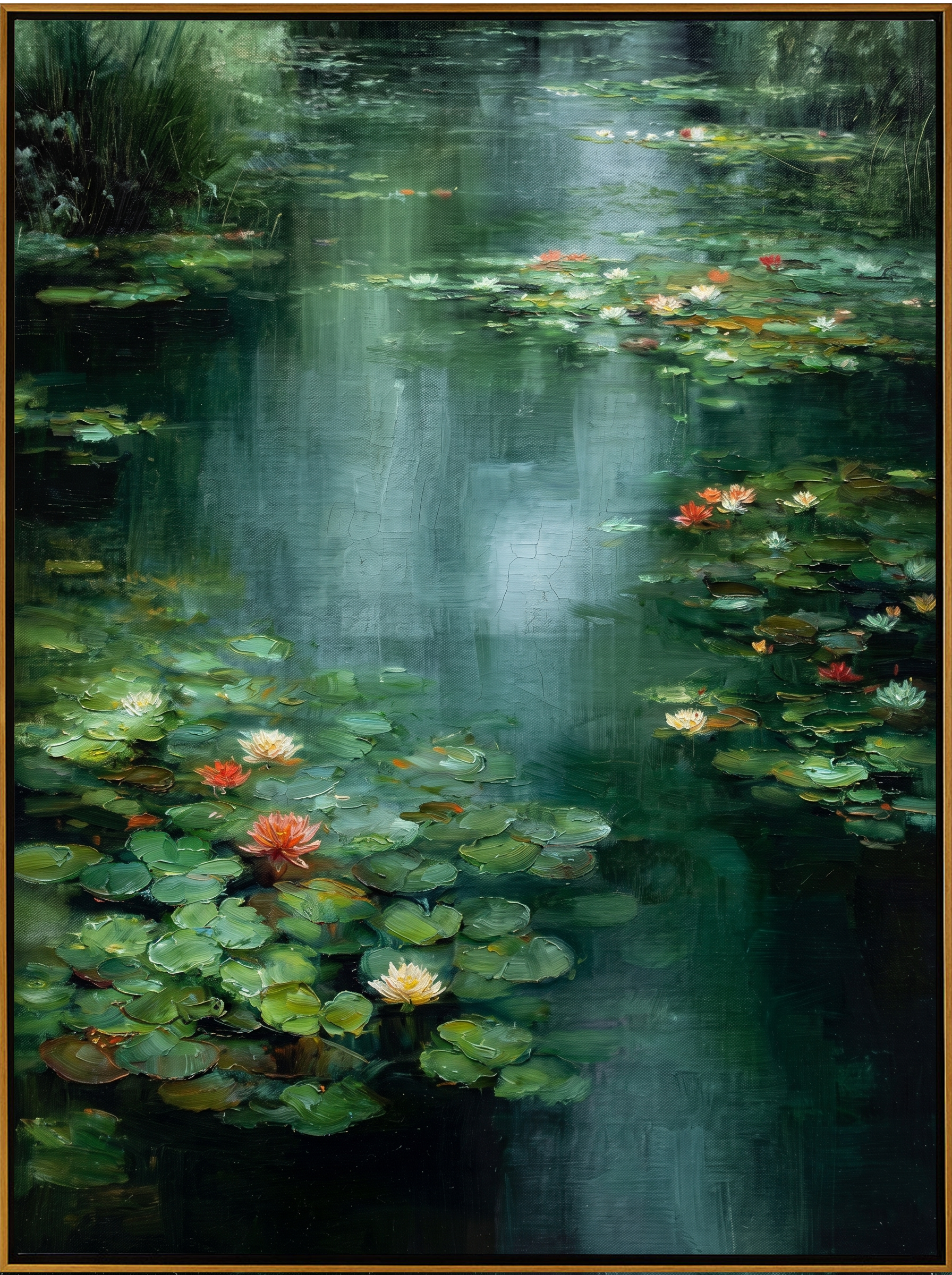 "Lily Pond Serenity" – Modern Heavy Impasto Landscape Art | 3D Emerald & Waterlily Palette Knife Painting | Luxury Vertical Wall Art#FL 002