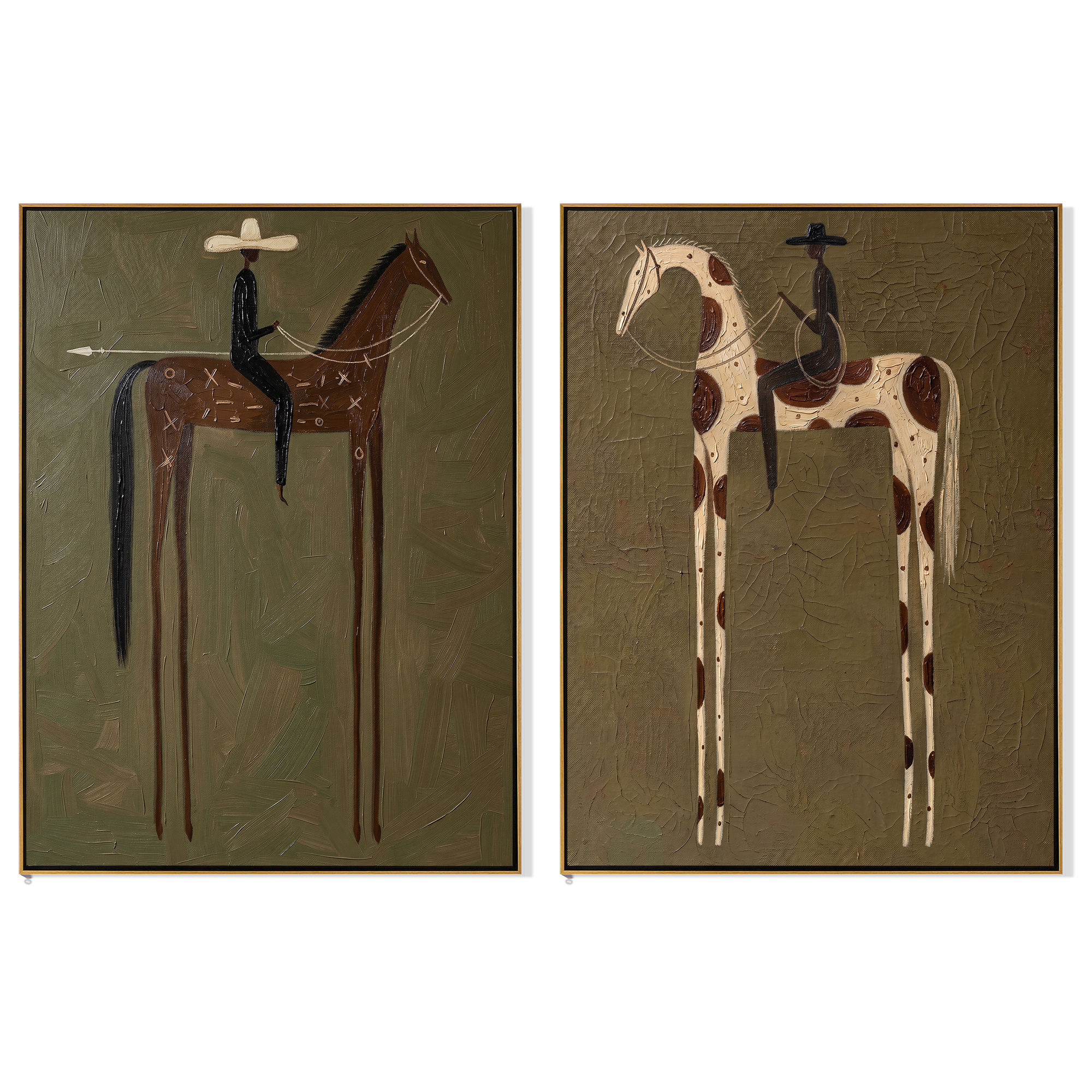 "Whispering Riders "— 3D Textured Abstract Horse & Rider Wall Art Set | Olive Green Western Framed Diptych#VA609