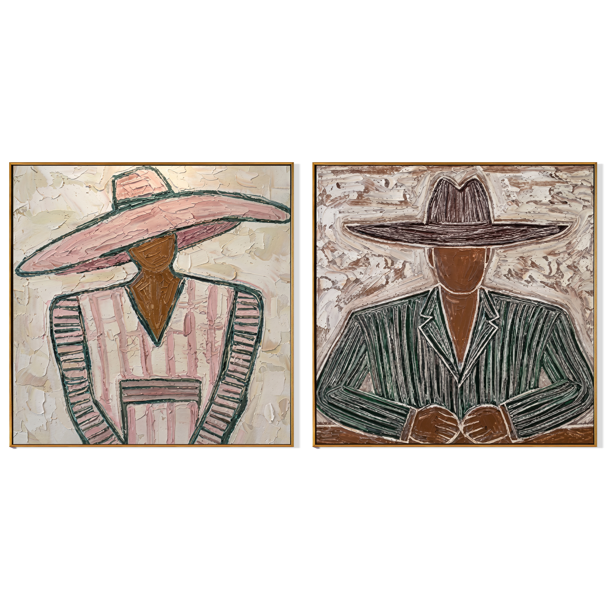 "Echoes Beneath the Brim" — 3D Textured Abstract Western Figure Wall Art Set | Pink & Umber Framed Diptych#VA614