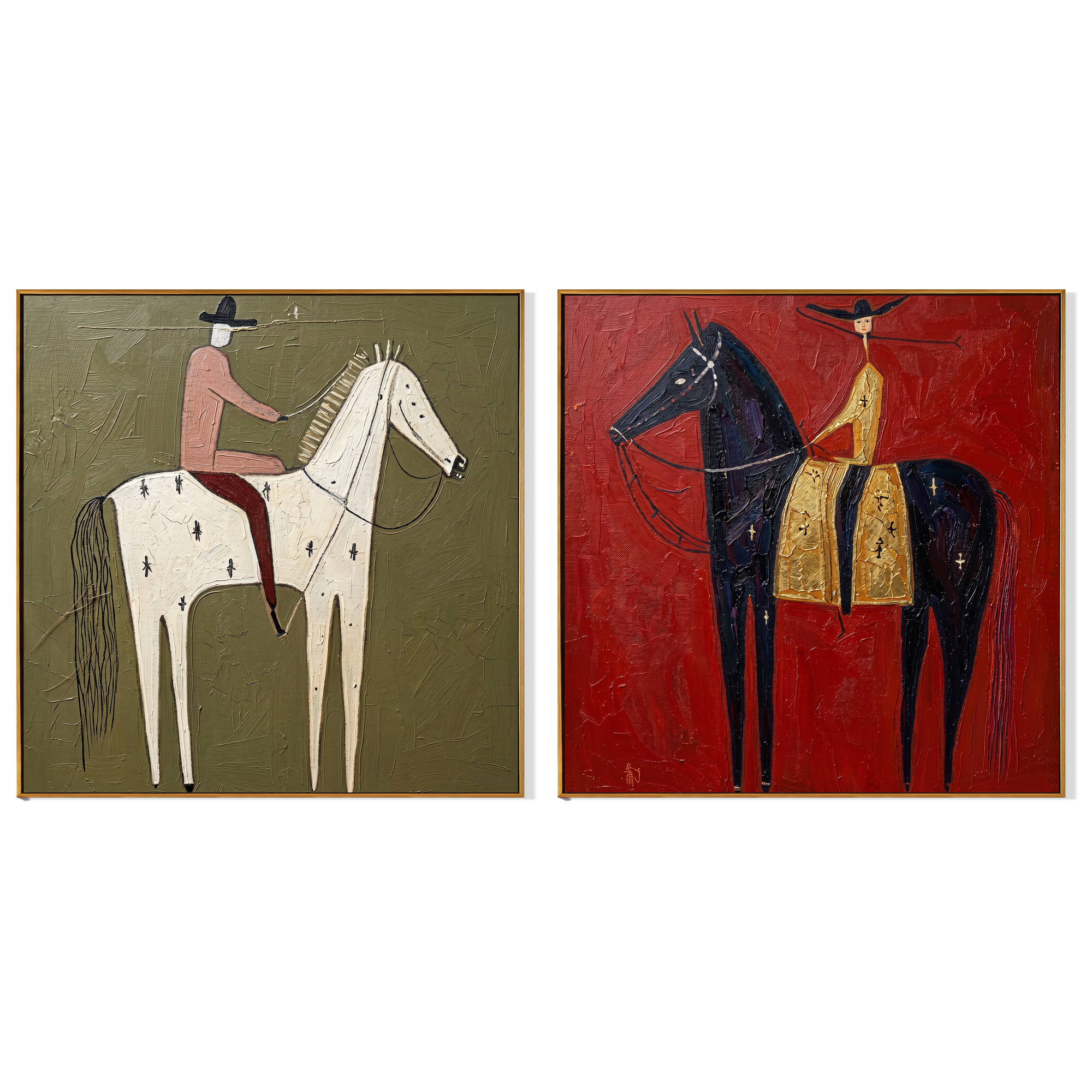 "Whispers Across the Red Plain" — 3D Textured Abstract Western Rider Wall Art Set | Olive & Crimson Framed Diptych#VA617