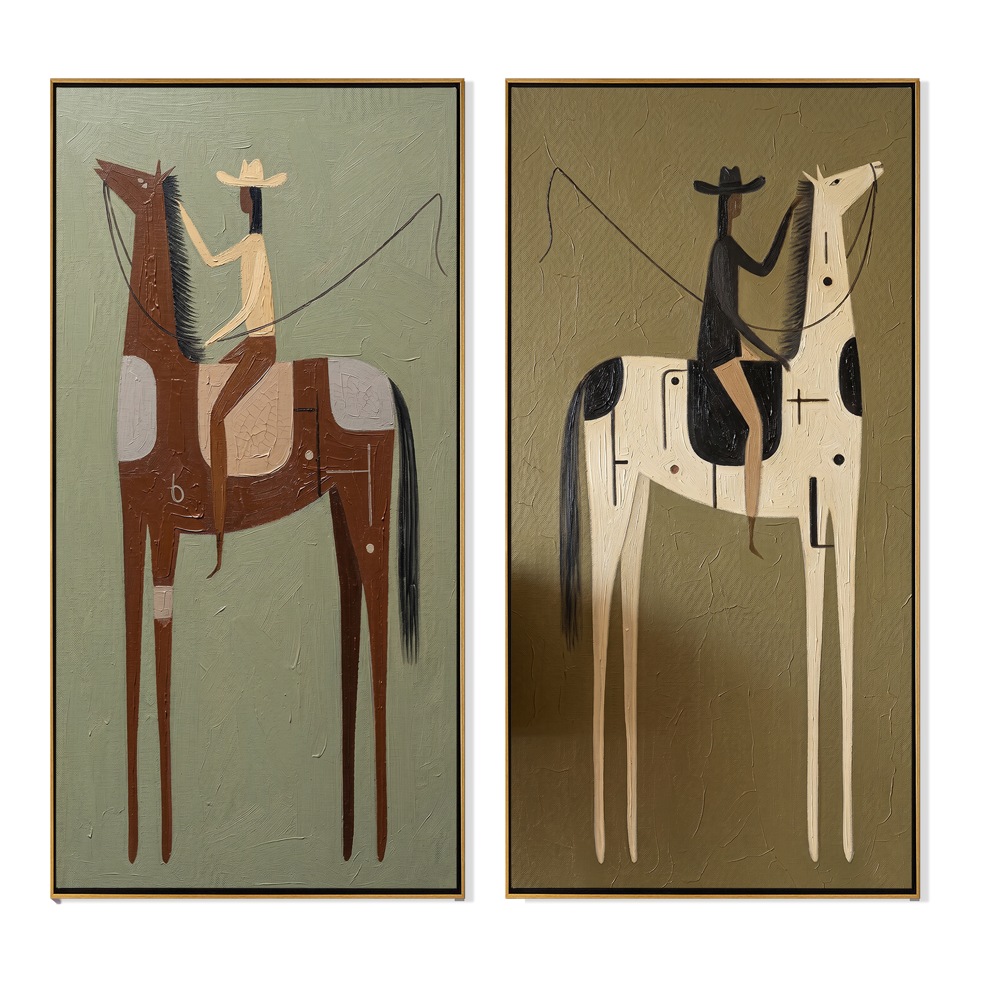 "The Distance Between Two Reins" — 3D Textured Abstract Western Rider Wall Art Set | Sage, Ivory & Umber Framed Diptych#VA626
