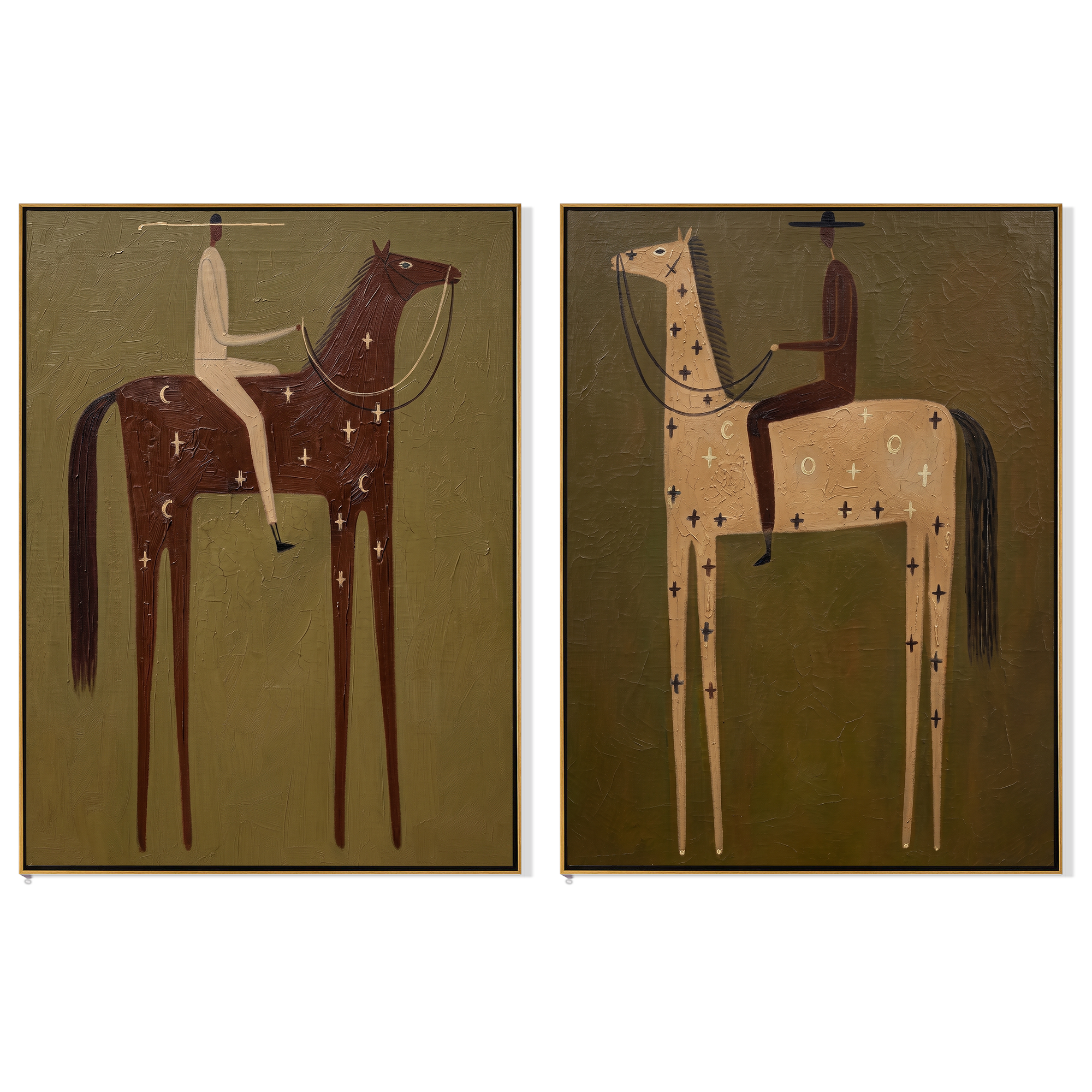 “Ethereal Riders of Twilight” — 3D Textured Abstract Western Rider Wall Art Set | Muted Olive & Earthy Tones Framed Diptych#VA627