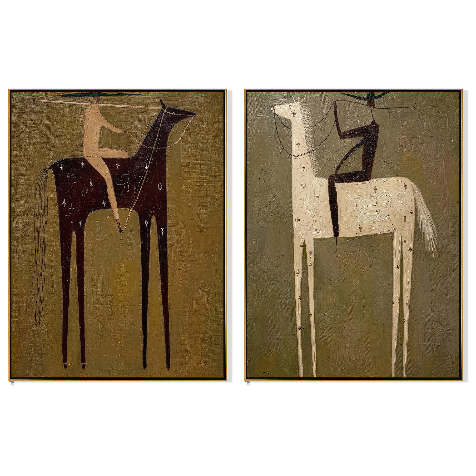 "The Archive of Vanishing Riders" — 3D Textured Abstract Western Rider Wall Art Set | Olive, Ivory & Umber Framed Diptych#VA628