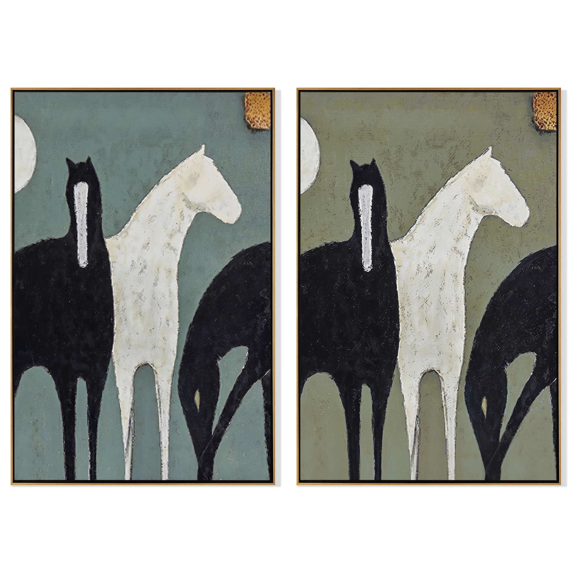 "Golden Touch Duo" — 3D Textured Abstract Horse Wall Art Set | Sage & Teal Framed Diptych#VA602