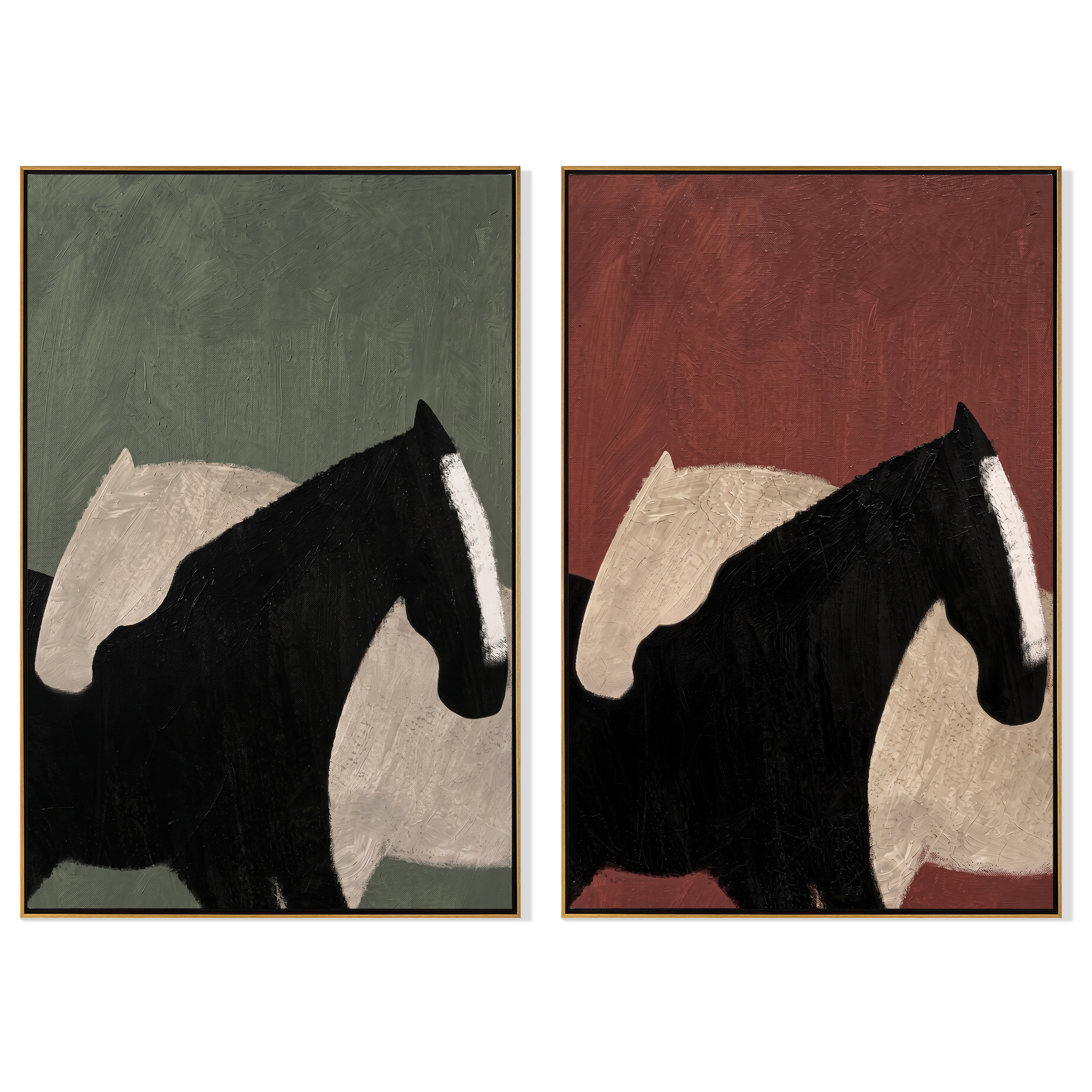 "Quiet Equine Forms" — 3D Textured Abstract Horse Wall Art Set | Sage Green & Terracotta Framed Painting#VA600