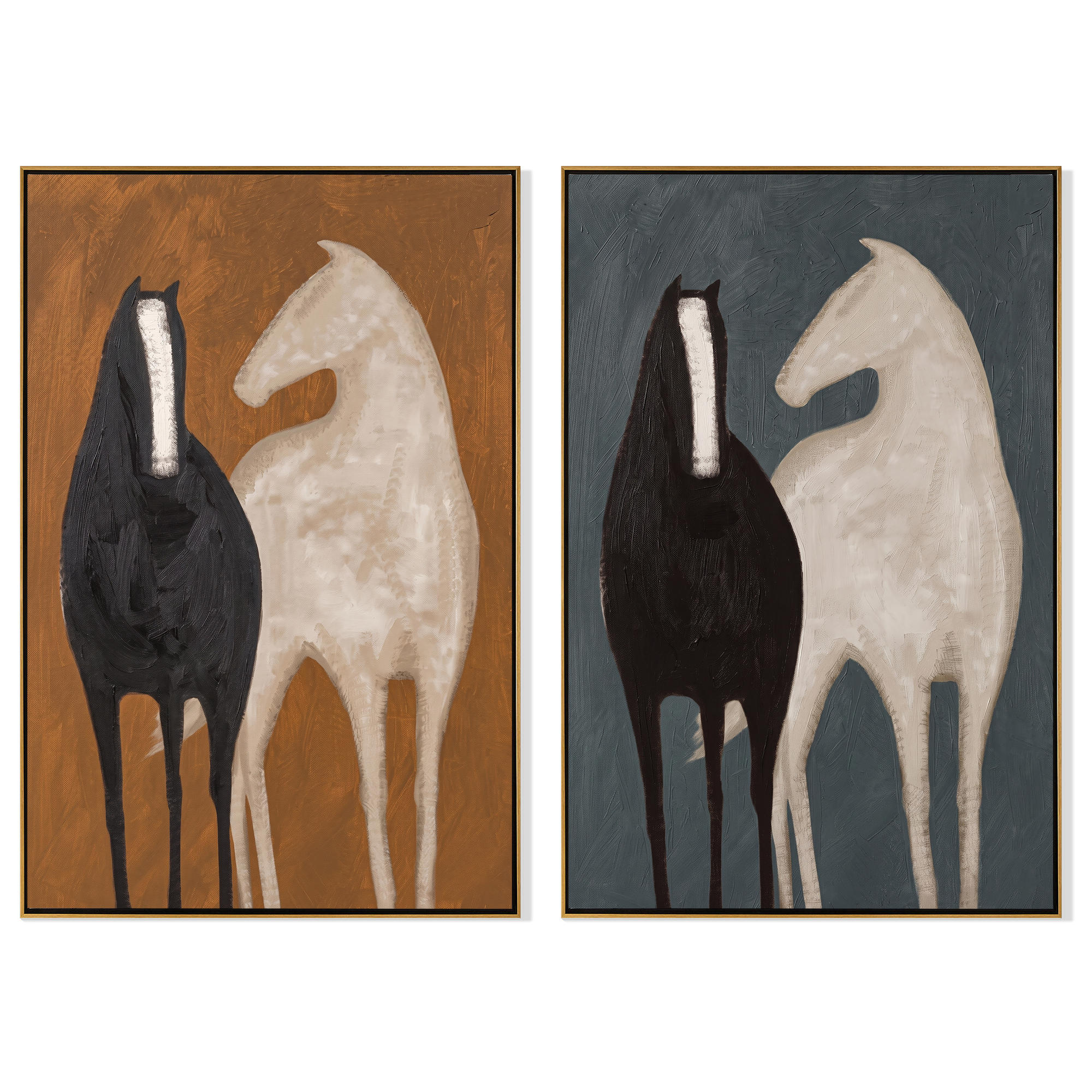 "Echoes of the Untamed" — 3D Textured Abstract Horse Wall Art Set | Ochre & Slate Framed Diptych#VA603