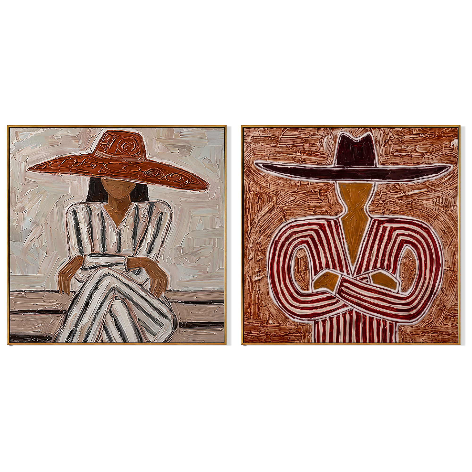 "Twin Matador Poise" – Textured Figurative Oil Painting Set|3D Textured Western Figurative Painting | Warm Terracotta & Charcoal Square Wall Art#VA607