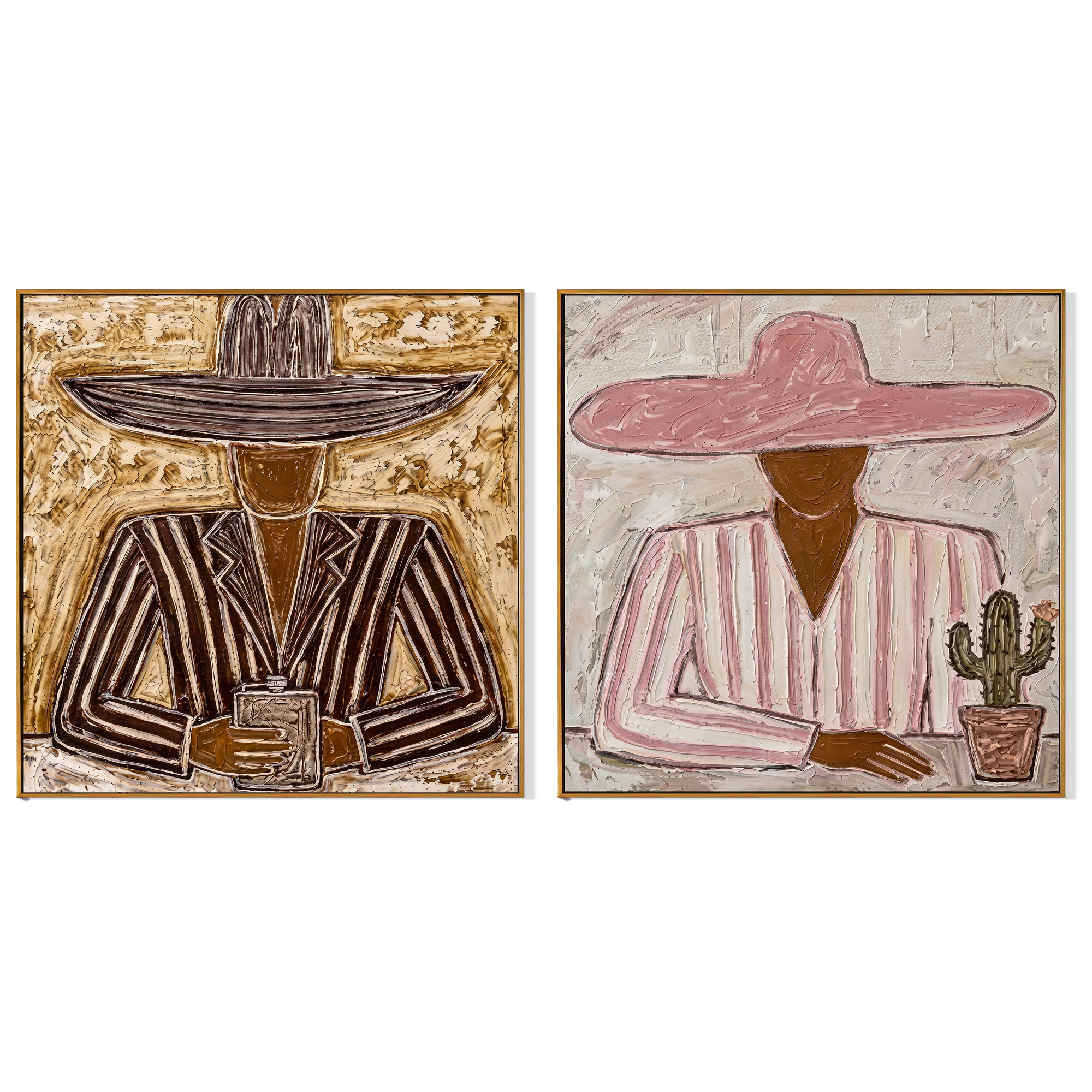 "Under the Wide Brim" — 3D Textured Abstract Western Figure Wall Art Set | Pink & Umber Framed Diptych#VA611
