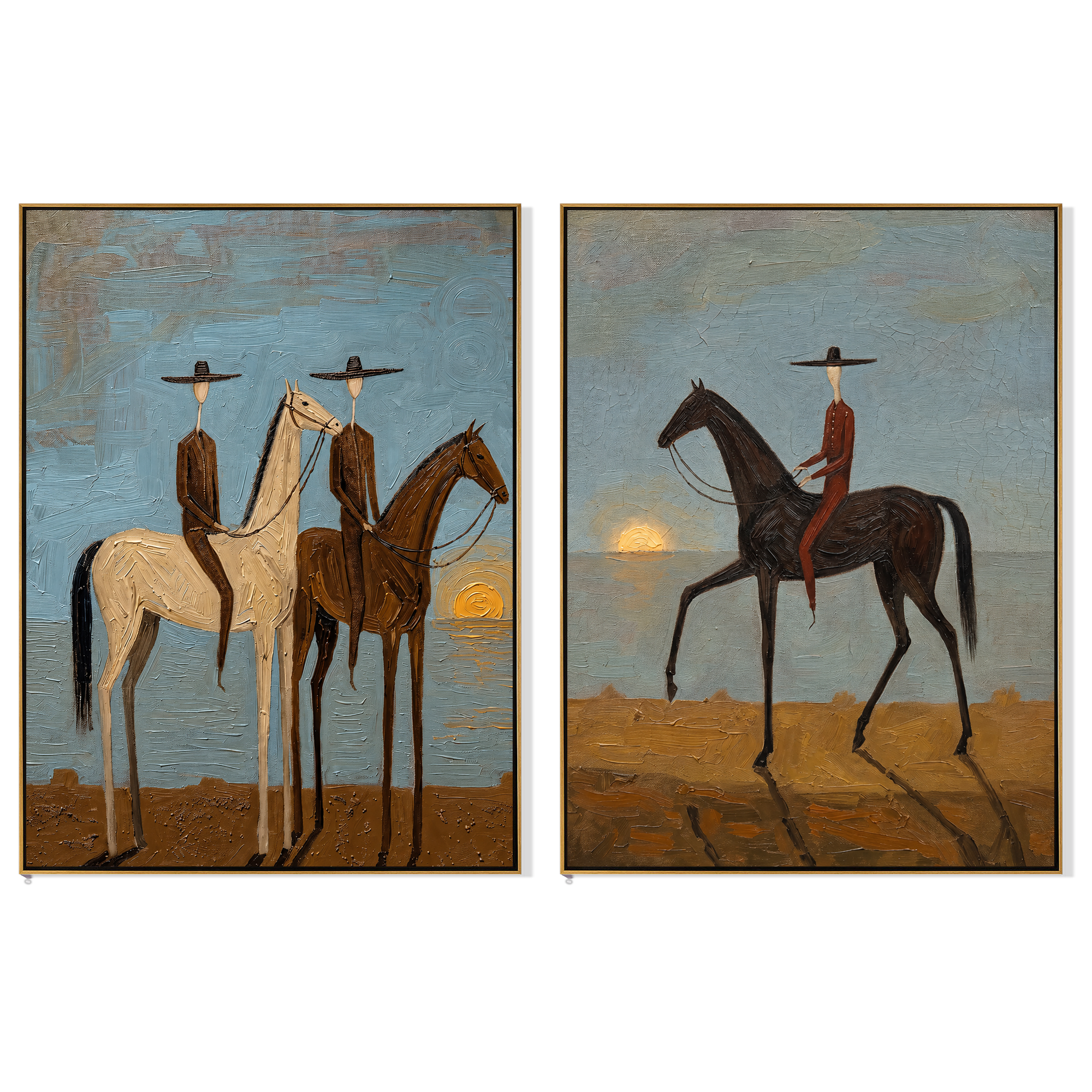 "Horizon in Silence3D" ——Textured Western Horse Rider Wall Art Set | Blue Gray & Warm Umber Framed Painting #VA606