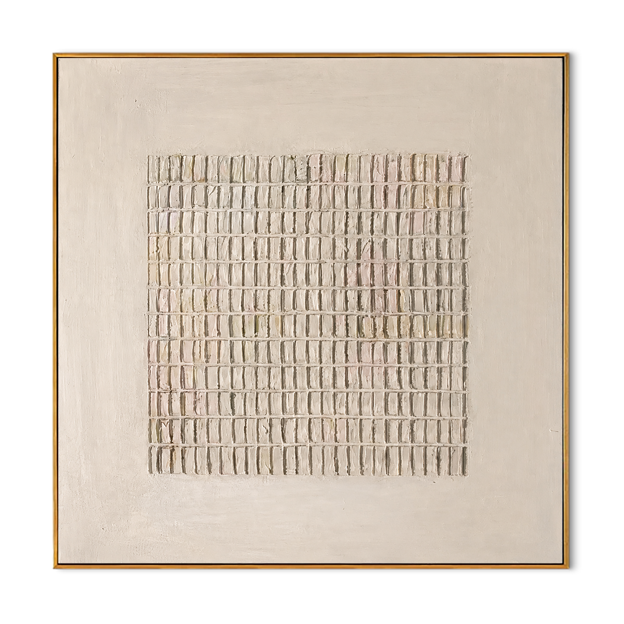 "Linen Weave" - 3D Minimalist Plaster Grid Relief | Ivory & Cream Textured Square Art