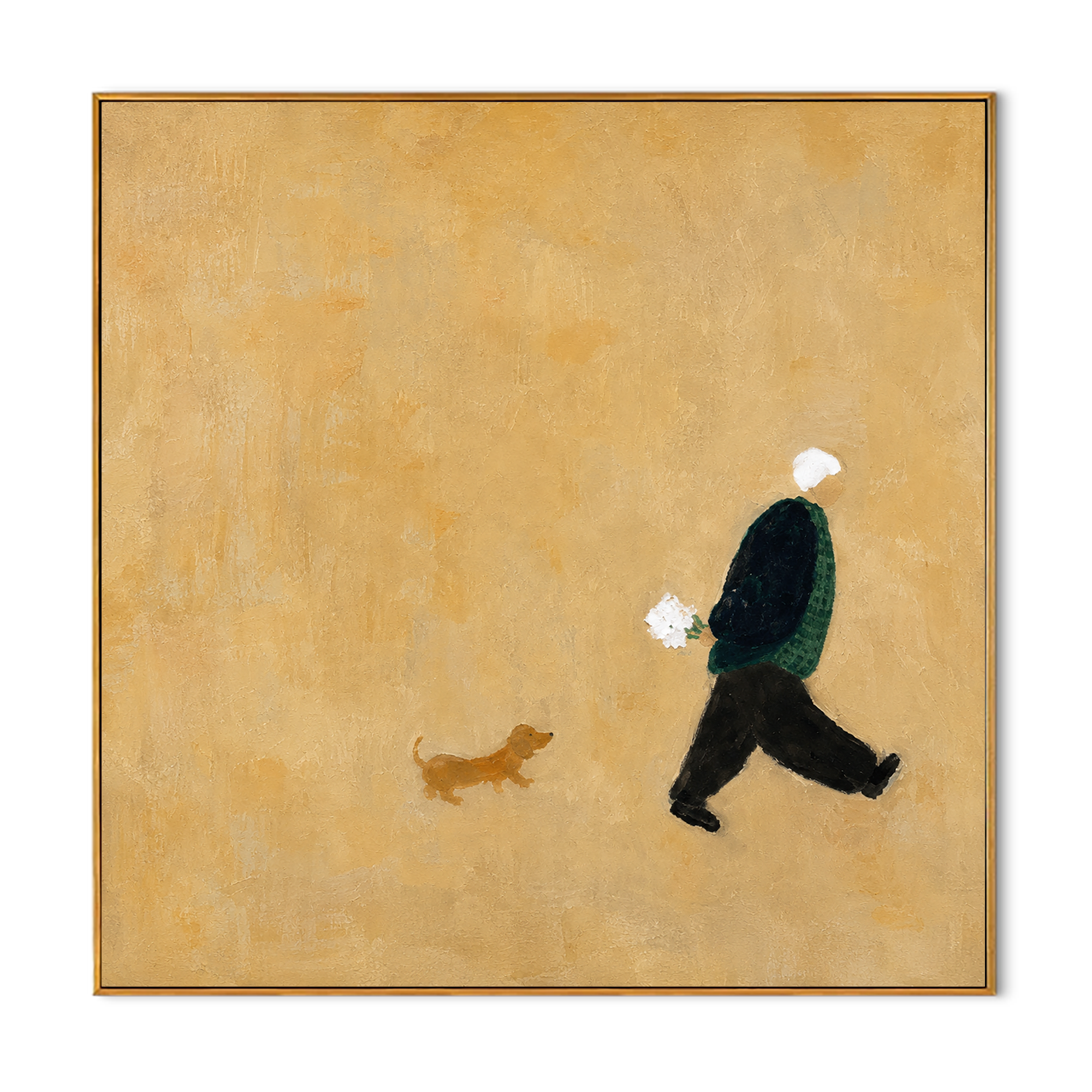 "Little Companion" - Minimalist Figure With Dog | Warm Beige Contemporary Square Art