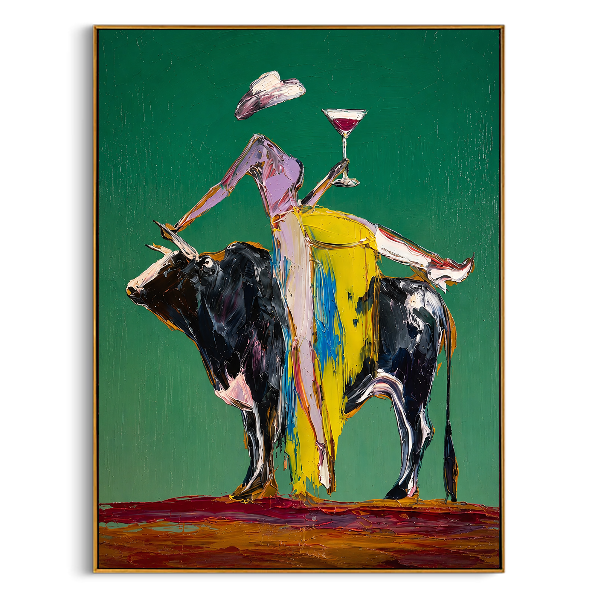 "Golden Reins" - Contemporary Bull Rider Painting | Green Yellow & Black Figurative Wall Art
