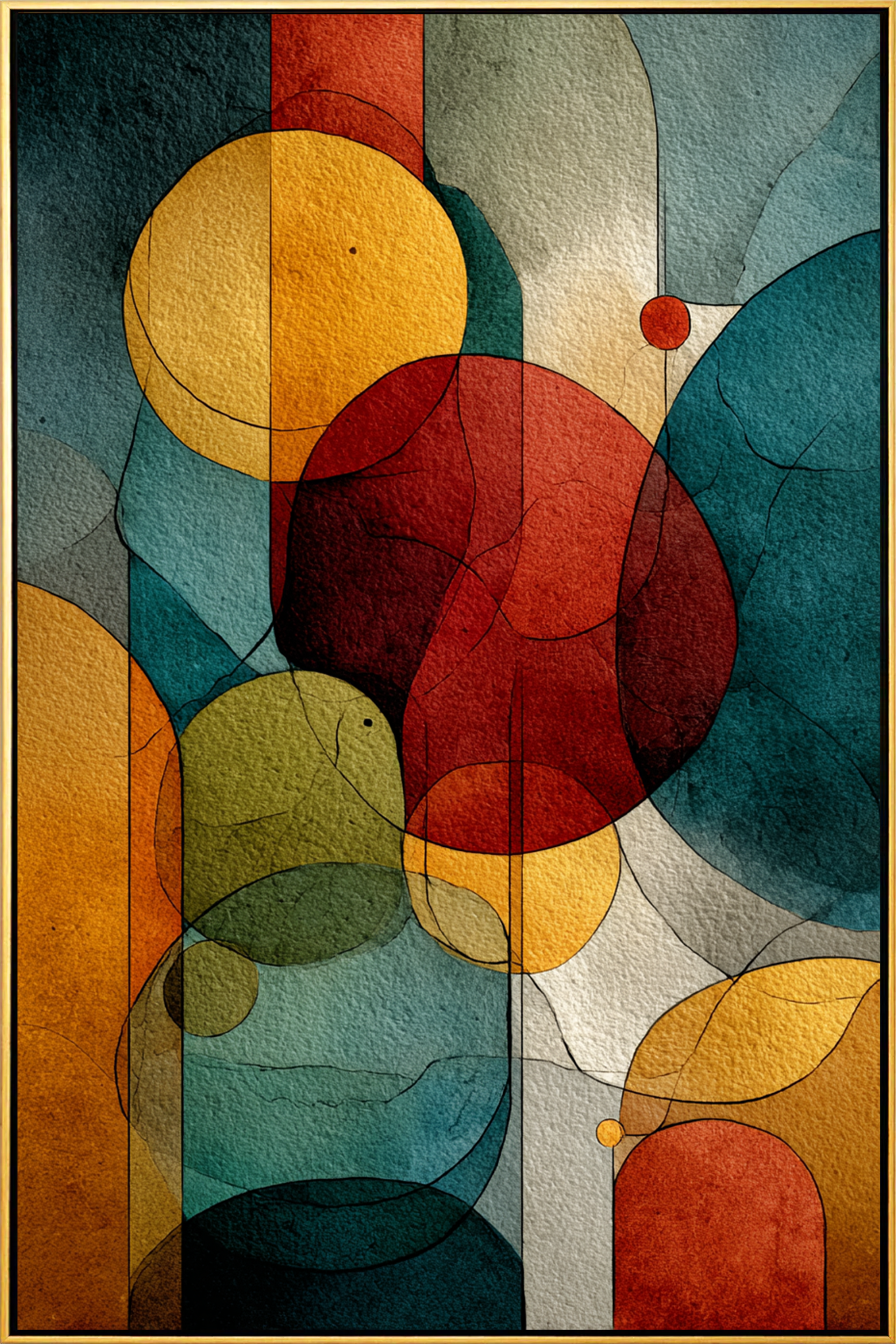 "Vintage Abstract Shapes" – Textured Mid-Century Modern Art | Earthy Teal, Red & Gold Impasto Painting | Contemporary Vertical Wall Decor#PT 003