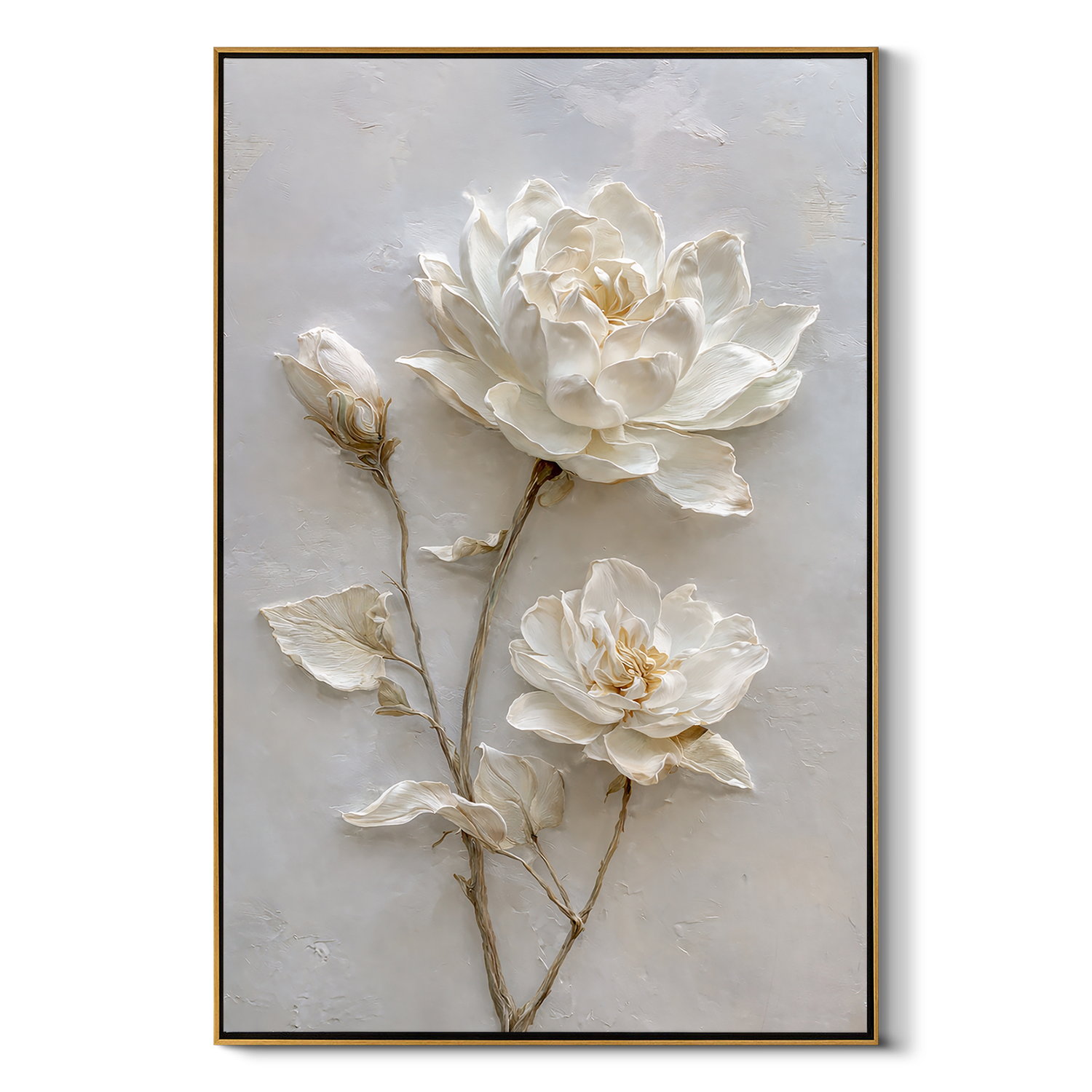 "Eternal Bloom" – Modern 3D Heavy Impasto White Botanical | Elegant Vertical Statement Art