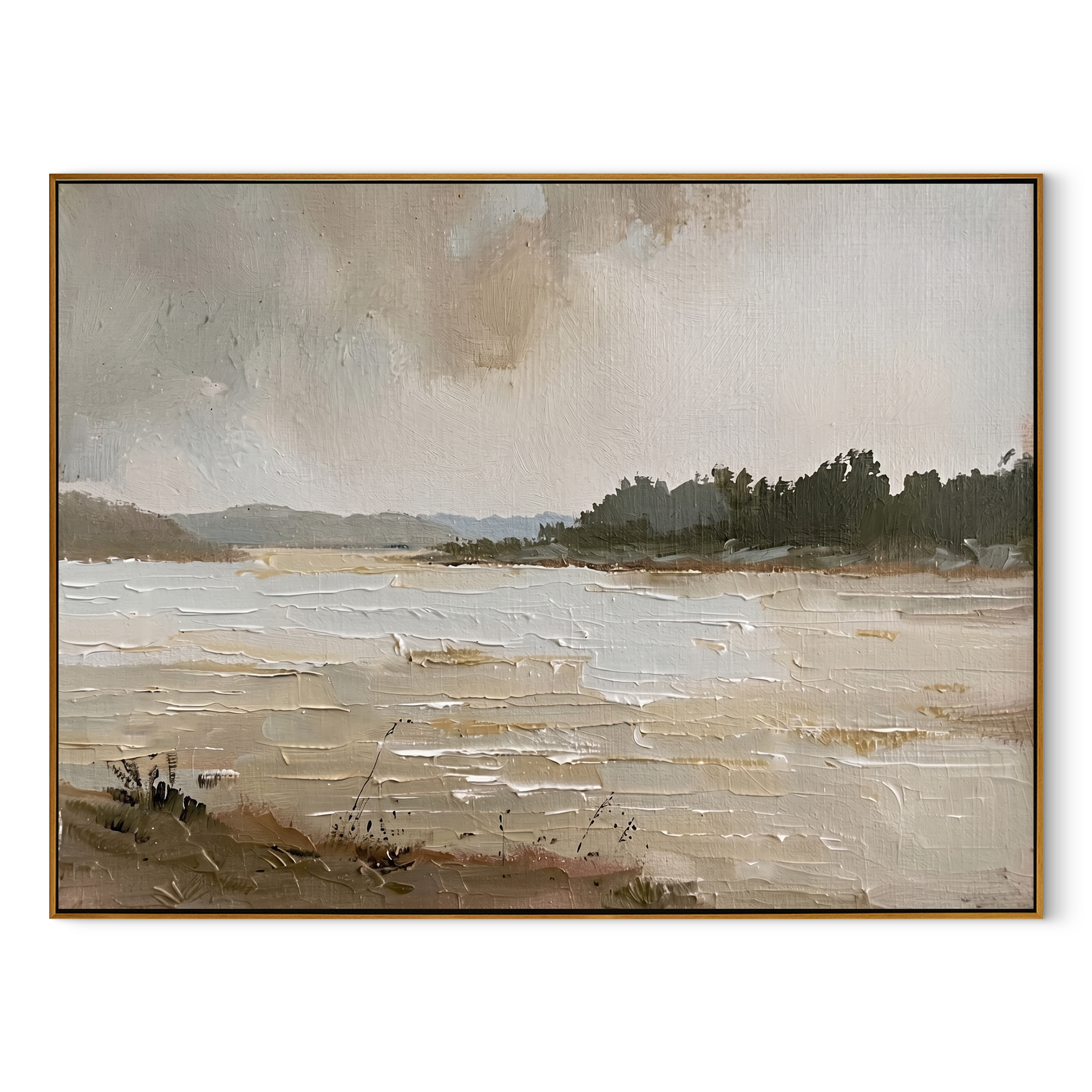 "Rustic Reverie" – Impressionist Neutral Lakeside Landscape Painting | Serene Farmhouse Wall Decor