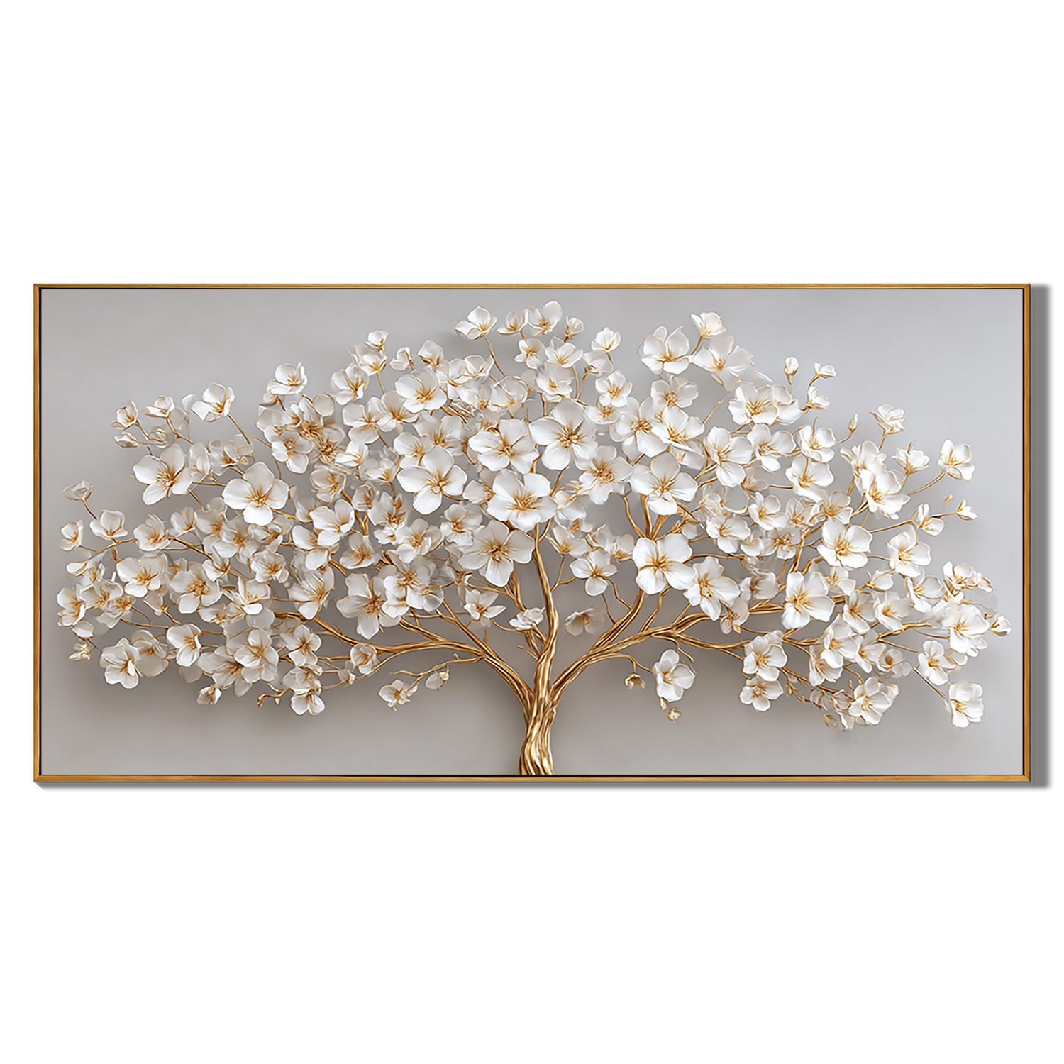 "Gilded Prosperity" – Modern 3D Heavy Impasto Blossom Tree | Luxury Horizontal Statement Art