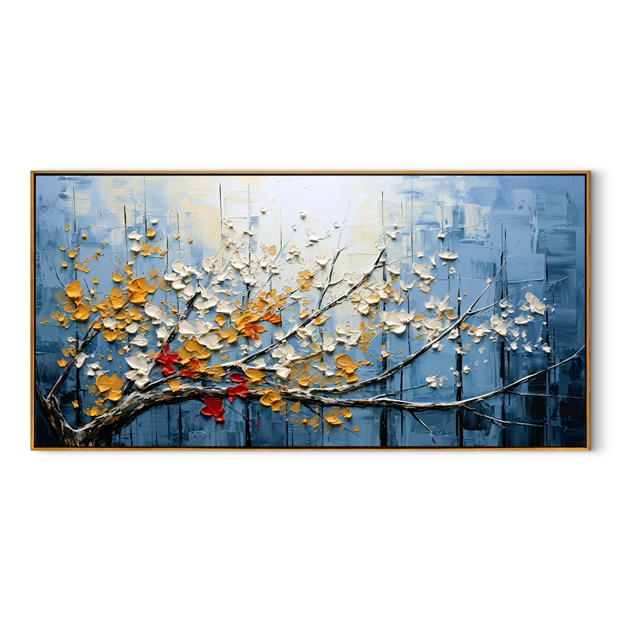 "Golden Breath" – Impressionist Textured Blossom Branch | Serene Over-Sofa Statement Art
