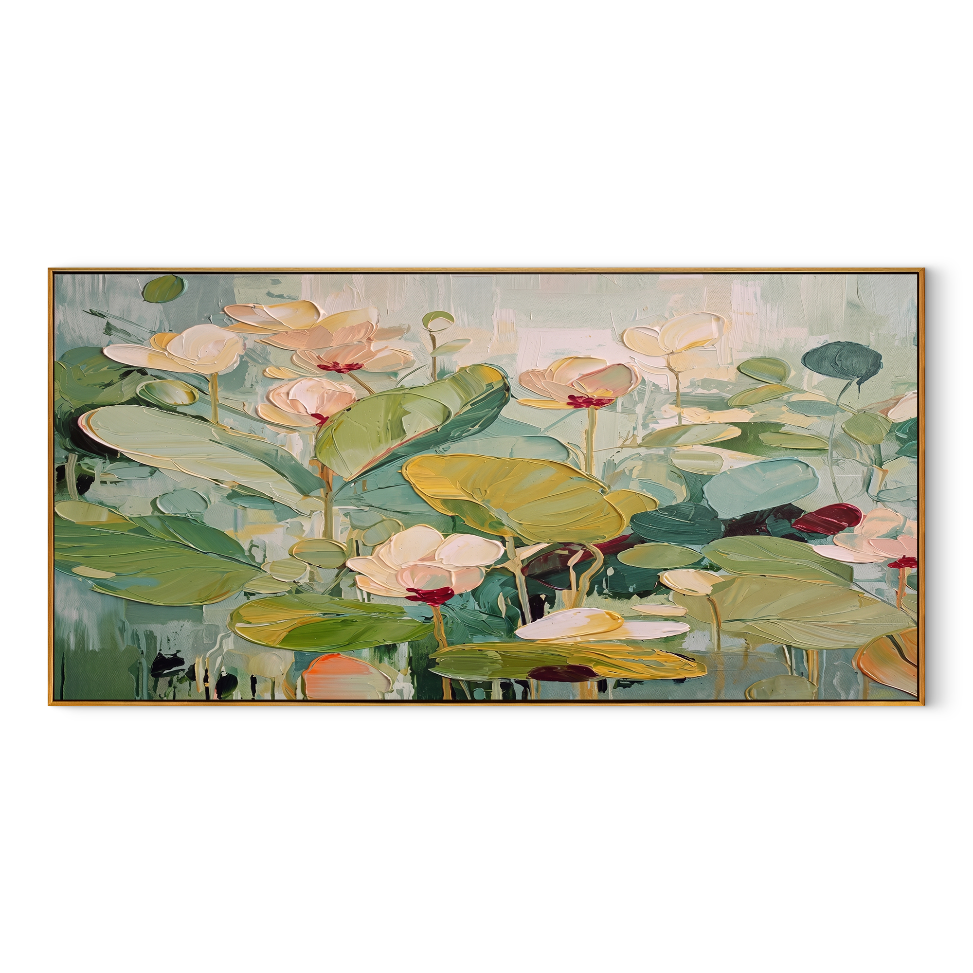 "Botanical Serenity" – Impressionist Lotus Floral Impasto Canvas Art | Elegant Dining Room Decor