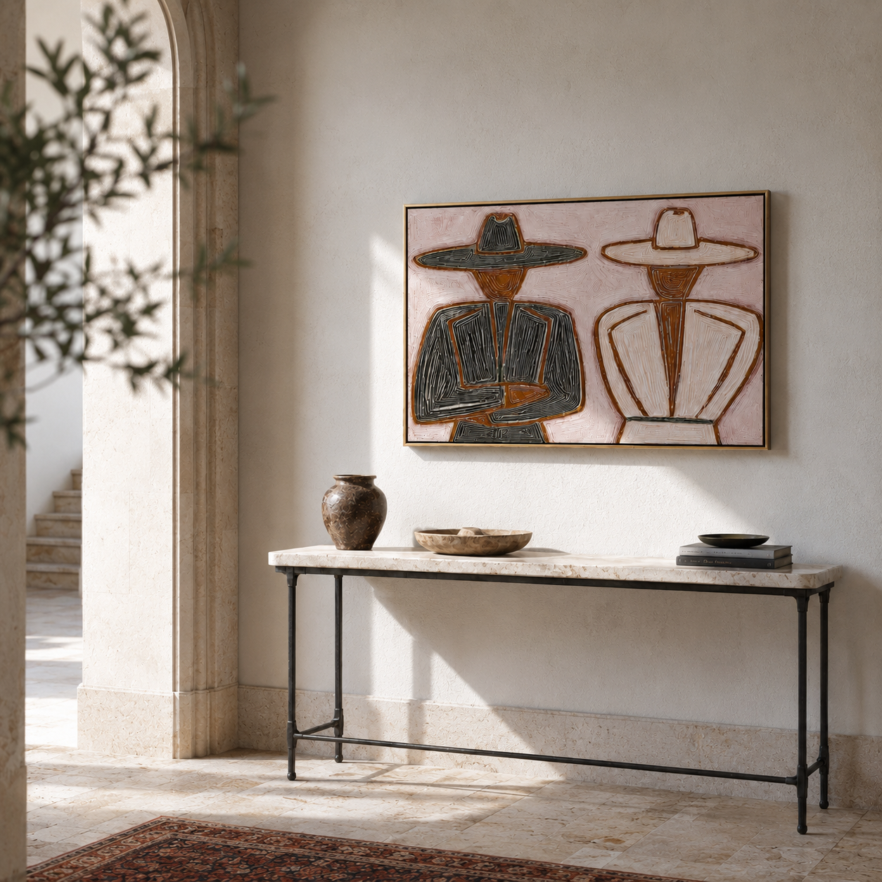 "Two Hats" - Textured Minimalist Figurative Painting | Black Brown & Blush Horizontal Wall Art