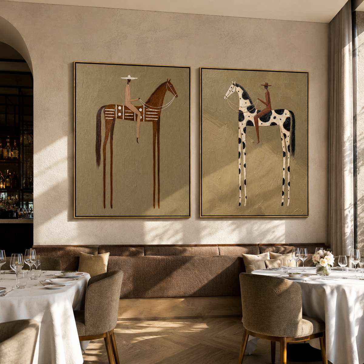 "Whispering Riders" — 3D Textured Abstract Horse & Rider Wall Art Set | Ochre & Slate Diptych#VA604