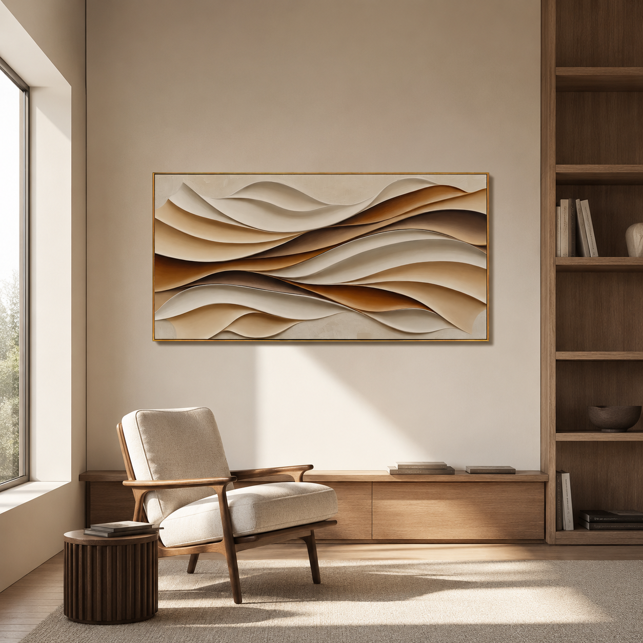 "Folded Dunes" - 3D White Beige & Brown Wave Relief | Horizontal Wabi-Sabi Textured Wall Art