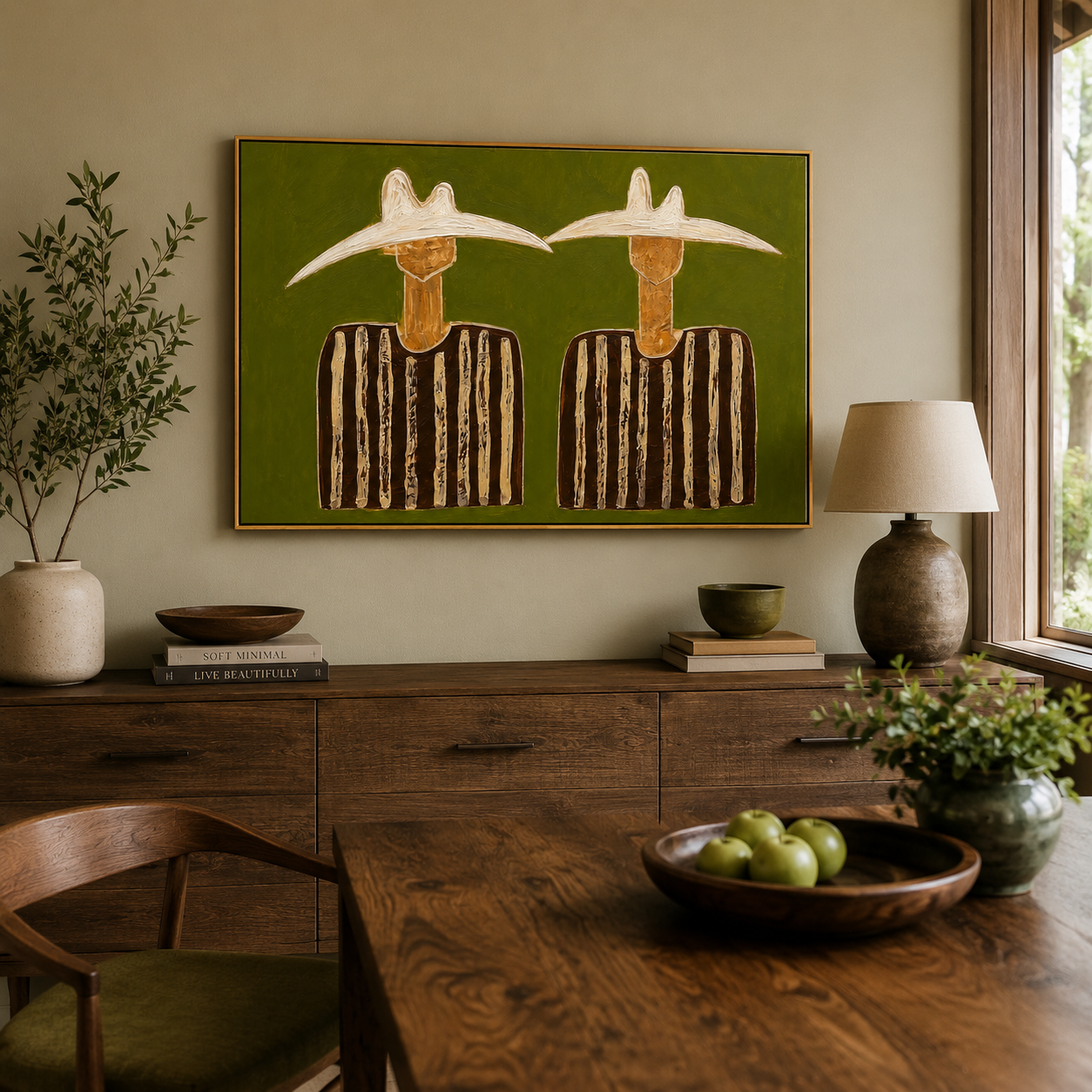 "Twin Quiet Riders" - Minimalist Western Figure Painting | Olive Green Contemporary Wall Art