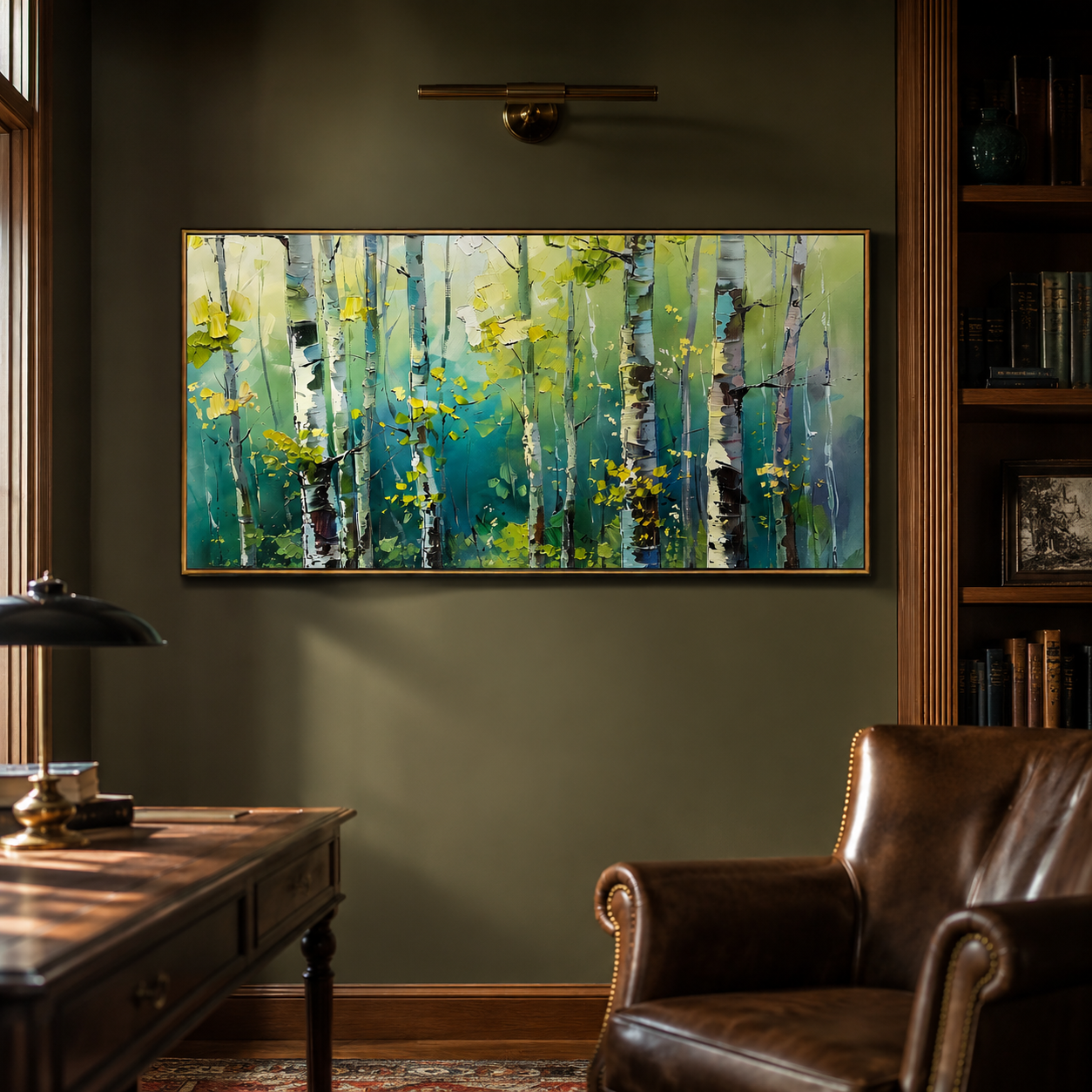 "Birch Light" - Colorful Birch Forest Painting | Green Blue & Yellow Woodland Wall Art
