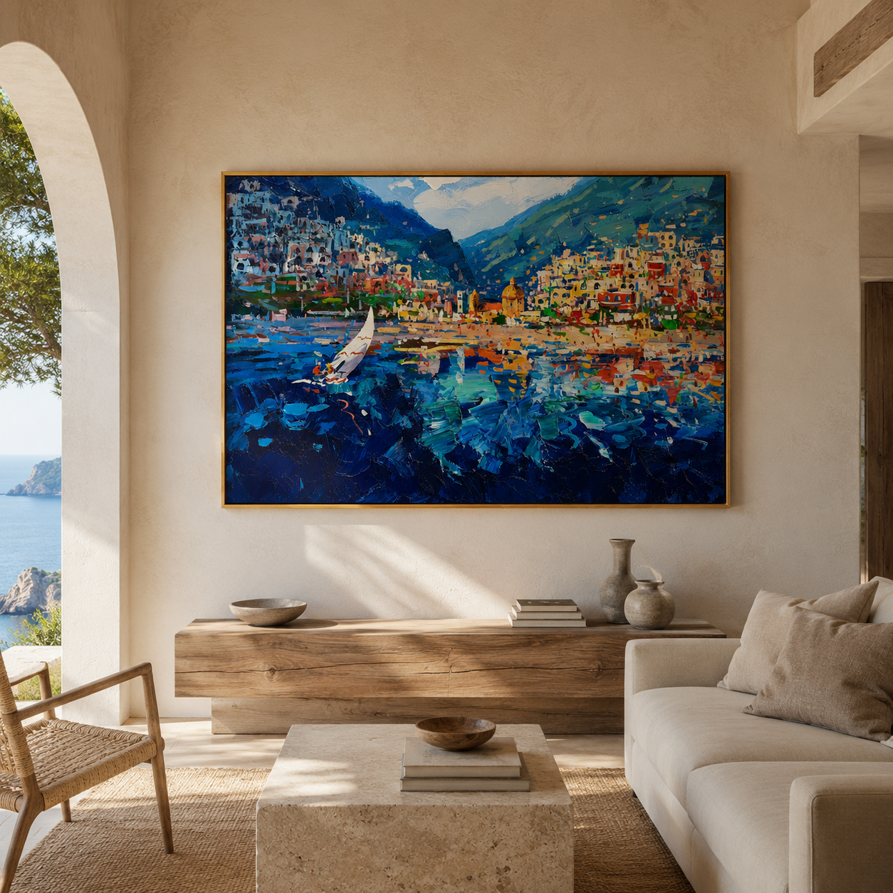 "Harbor Mosaic" - Colorful Impasto Coastal Village Painting | Blue Green & Orange Mediterranean Wall Art