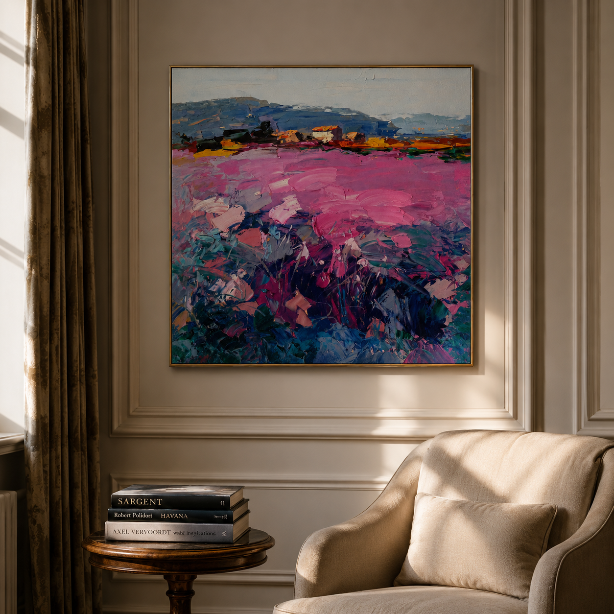"Pink Terrain" - Colorful Impasto Landscape Painting | Blue Pink & Green Square Wall Art