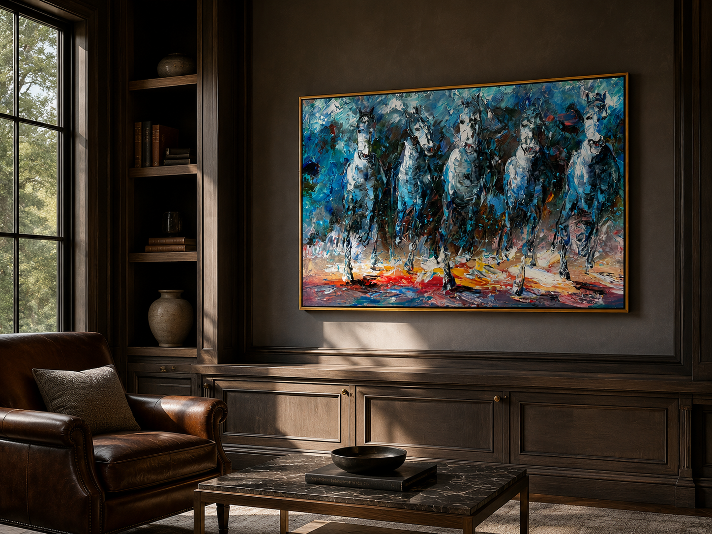 "Blue Procession" - Textured White Horse Herd Painting | Blue Black & Red Horizontal Equestrian Art