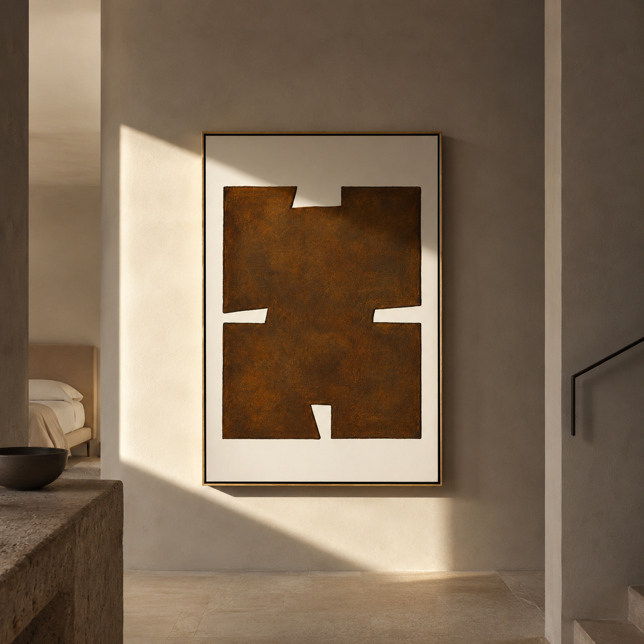 "Earthen Glyph" - Brown Minimalist Geometric Texture Art | Vertical Wabi-Sabi Wall Art