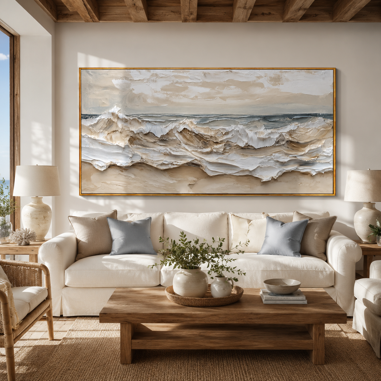"Tide Relief" - 3D Wabi-Sabi Ocean Wave Plaster Art | Beige White & Blue Textured Seascape