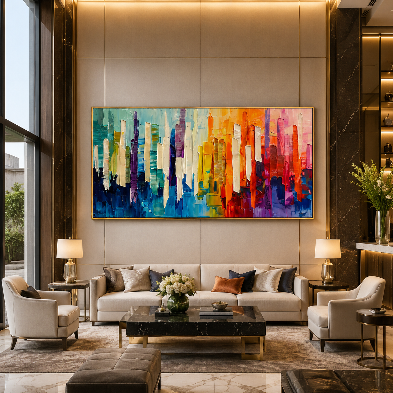 "Chromatic Skyline" - Colorful Abstract Cityscape Painting | Rainbow Vertical Forms Wall Art