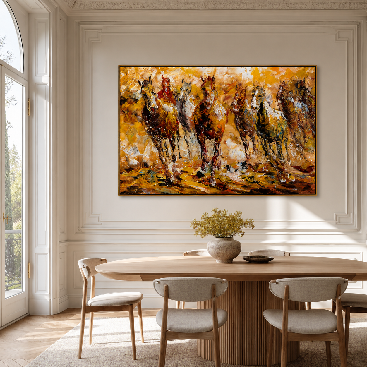 "Golden Gallop" - Colorful Impasto Horse Herd Painting | Brown Gold & White Equestrian Wall Art